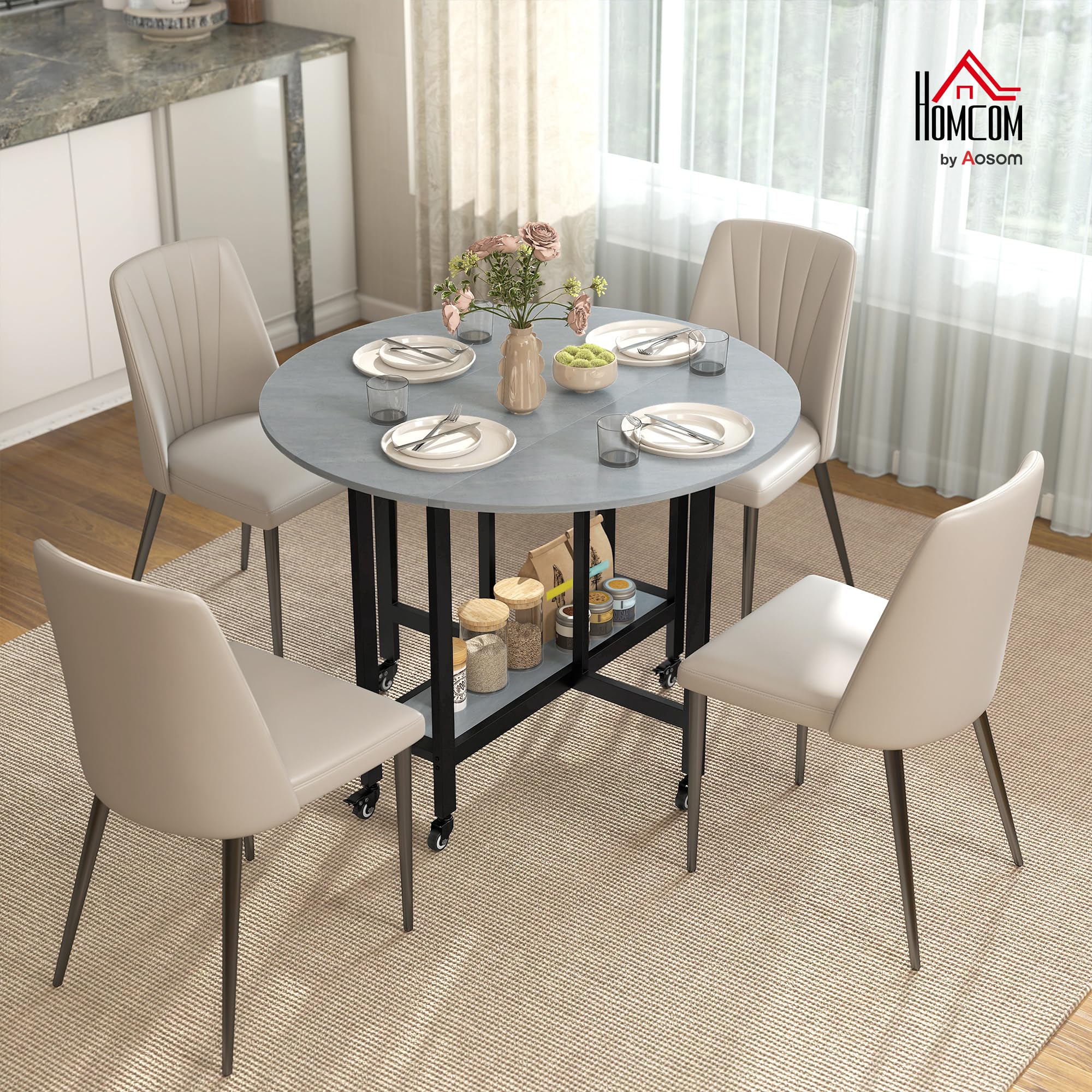 HOMCOM Mesa Plegable de Comedor con Ruedas 100x100x75 cm Gris Cemento | 2-4 Personas, Mesa de Cocina Plegable, Alas Abatibles, Estante Abierto, Salón