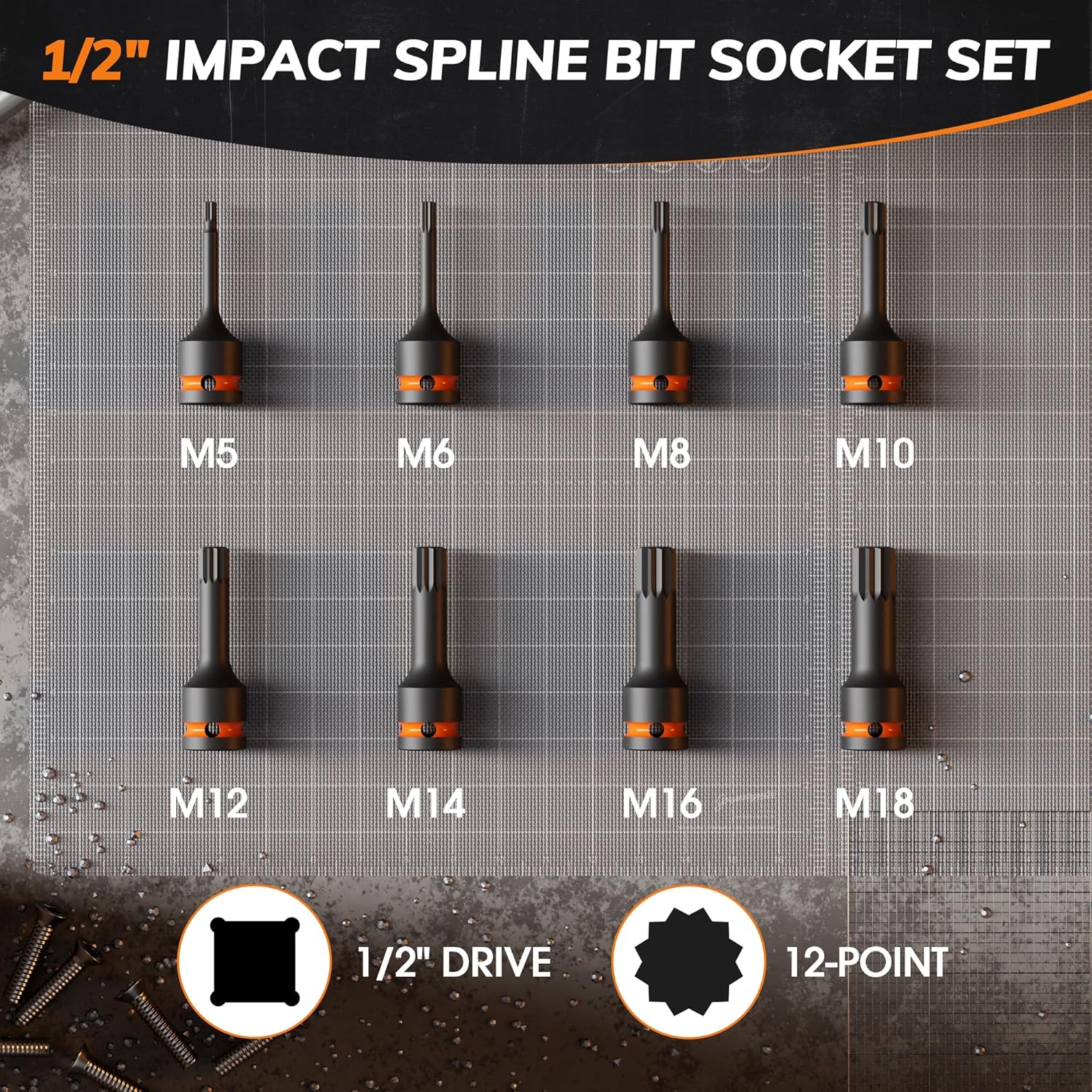 8-Piece Impact XZN Triple Square Spline Bit Socket Set,1/2" Drive,Cr-Mo Steel, VW Seats Compatible with Impact Wrench & Power Tools, M5-M18