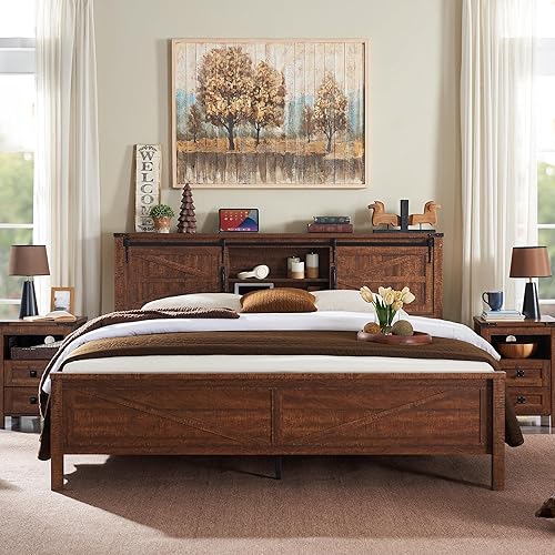 T4TREAM Farmhouse Queen Size Bed Frame with Bookcase Headboard Sliding Barn Door, Storage Shelves, Charging Station, Rustic Wood Platform Bed, No Box Spring Needed, Reclaimed Barnwood Color