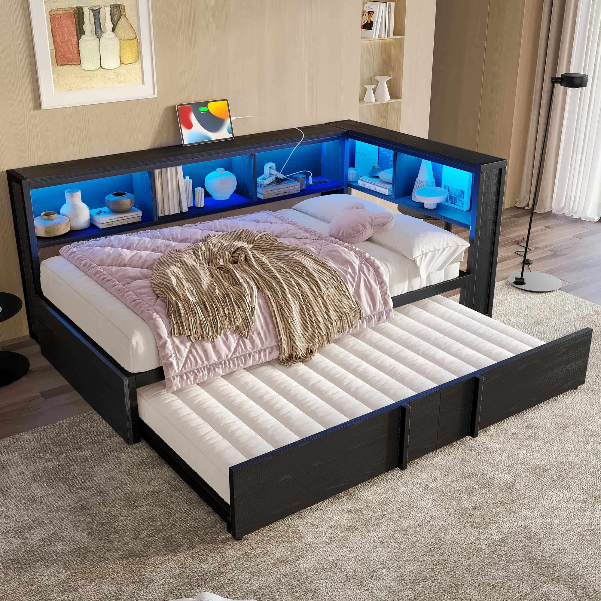Cama de metal de 90 x 200 cm con cama nido, armarios de almacenamiento, iluminación LED y puertos USB (negro)