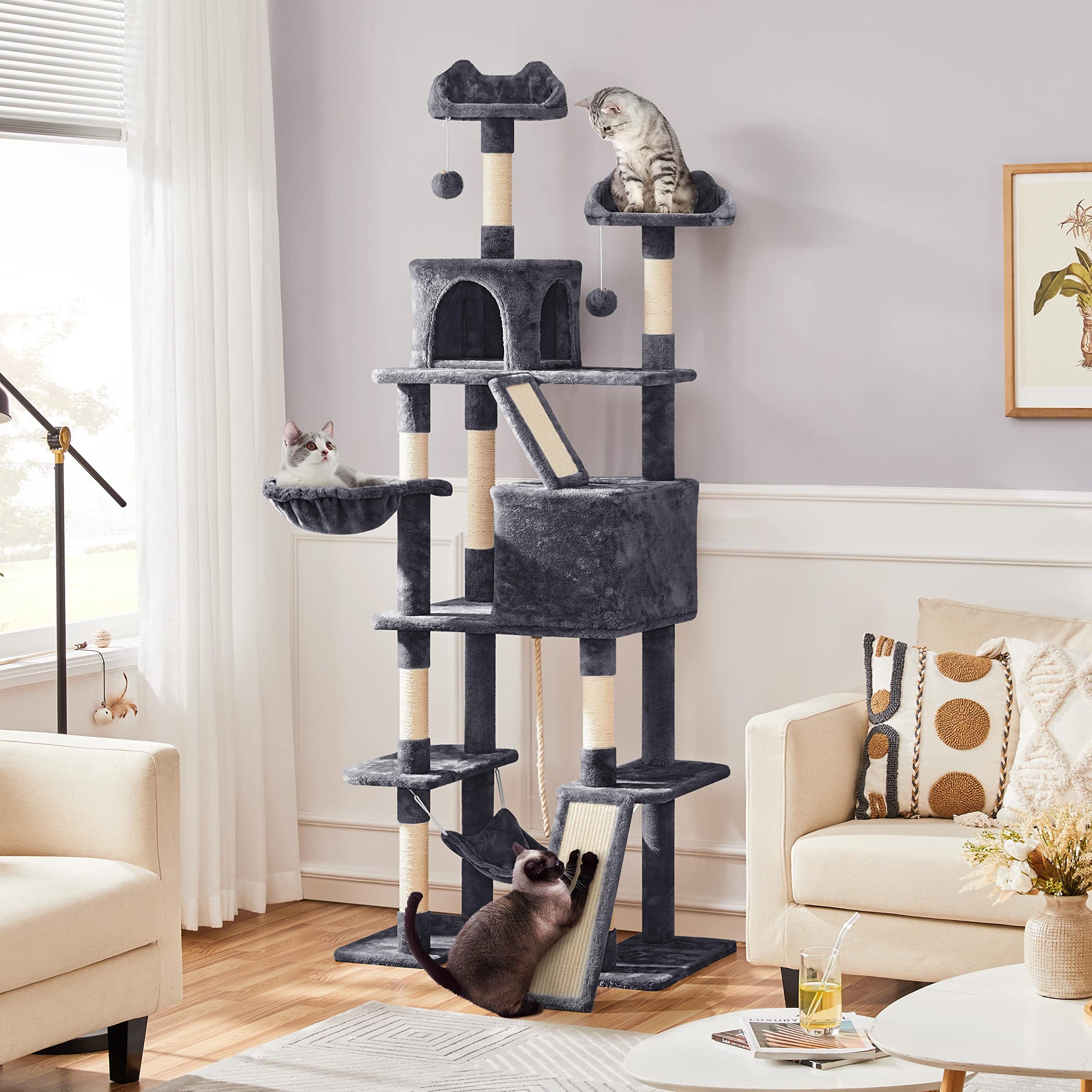 Yaheetech XXL kattenkrabpaal, 194 cm, kattenboom, klimboom, stabiel met pluche sisaltouw, krabpaal voor katten, plafondhoog, beige Yaheetech XXL kattenkrabpaal, 194 cm, kattenboom, klimboom, stabiel met pluche sisaltouw, krabpaal voor katten, plafondhoog, beige