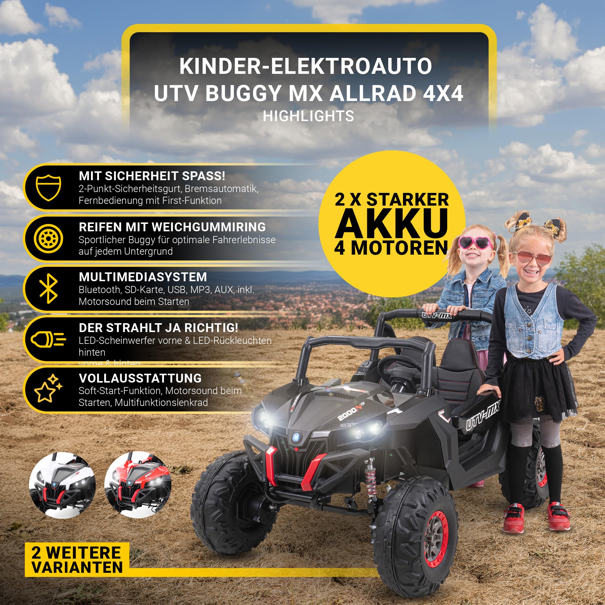 Actionbikes Motors Kinder Elektroauto UTV Buggy | Fernbedienung mit First Funktion - 4x4 Allrad Antrieb - Kinderauto elektrisch - Elektrofahrzeuge - Elektro Auto für Kinder ab 3 Jahre (Schwarz/Weiß)