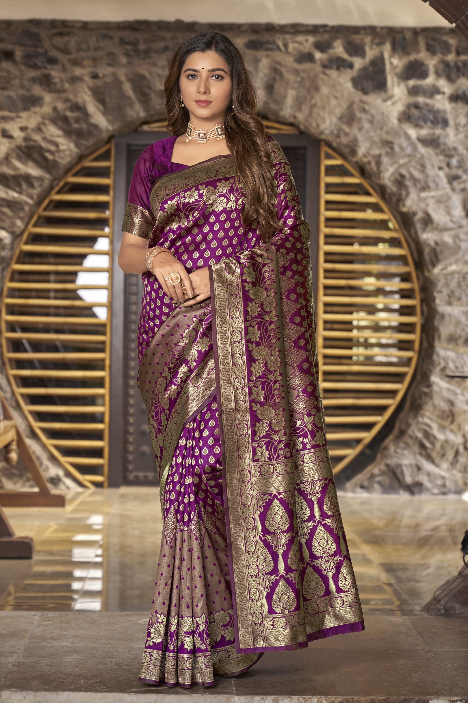 Glory Sarees Womens Banarasi Silk Saree With Blouse Piece (Banarasi_Saree135_Wine)