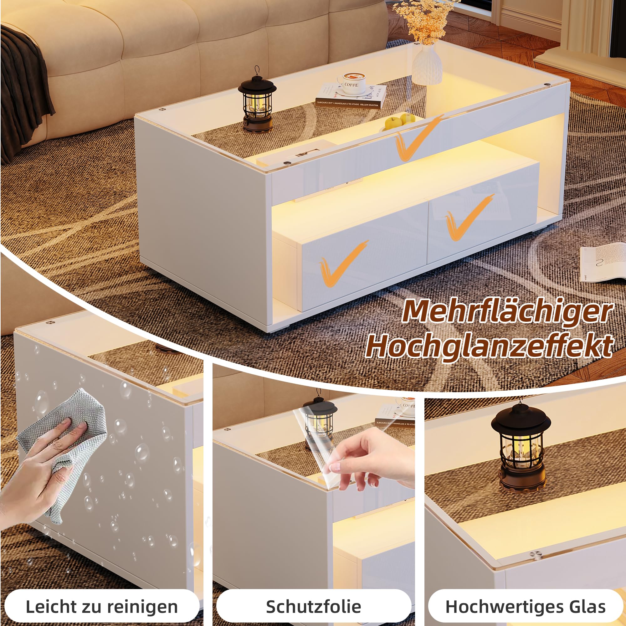 Rechteckiger Couchtisch, Couchtisch Glas, Wohnzimmertisch, Sofatisch, Kaffeetisch mit LED-Licht & 2 Großen Schubladen, Doppelschichtiges Design, Hochglanz, 100×50×40cm (Weiß)