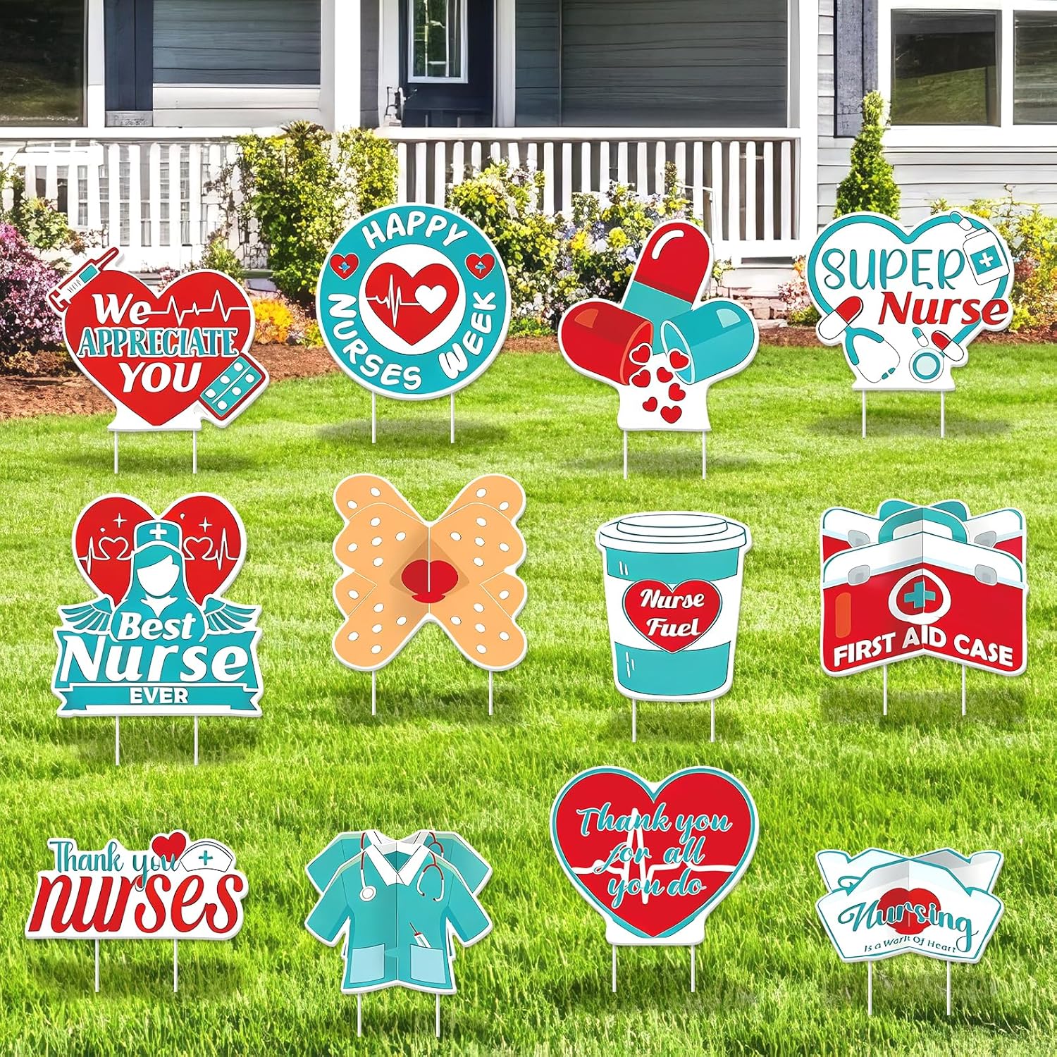 12Pcs Nurse Appreciation Yard Signs with 24Pcs Stakes Thank You Nurses Lawn Sign Happy Nurse Day Graduation Yard Decorations for National Nursing Week Medical Party Outdoor Indoor Decor