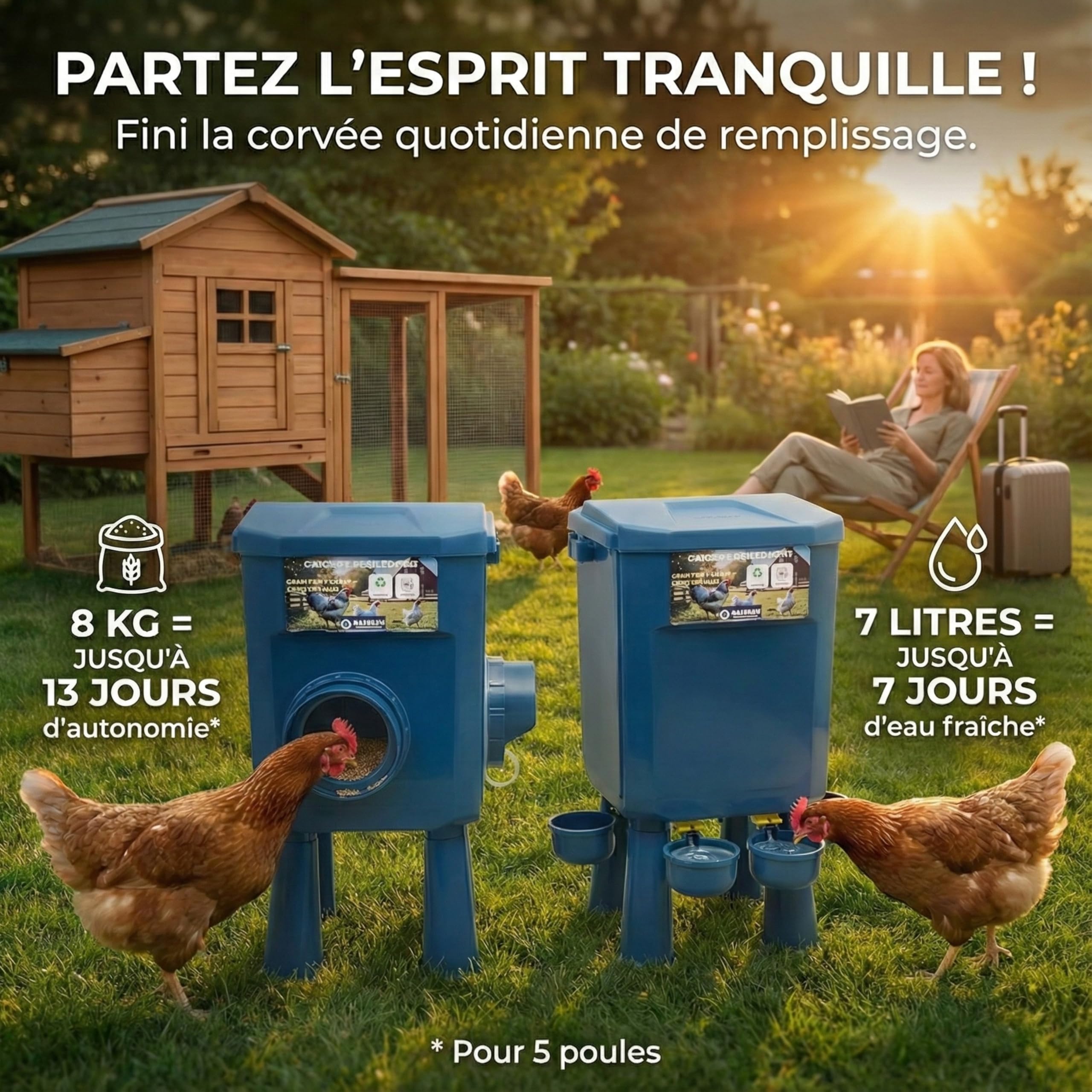 Kit Mangeoire et Abreuvoir Poules 8KG/7L – Anti-Nuisibles Valve Automatique Anti-Cyanobactéries, Ideal Microfermes et Élevages Amateurs, Autonomie Longue Durée, Réduit Rechargement, Matériaux Durables