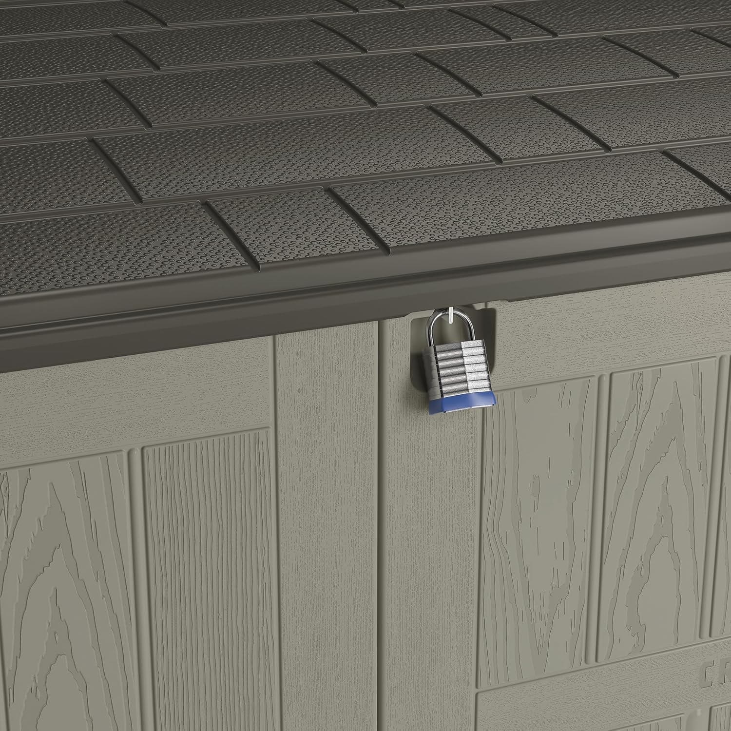 Close-up of the shed's lockable doors with a padlock attached.