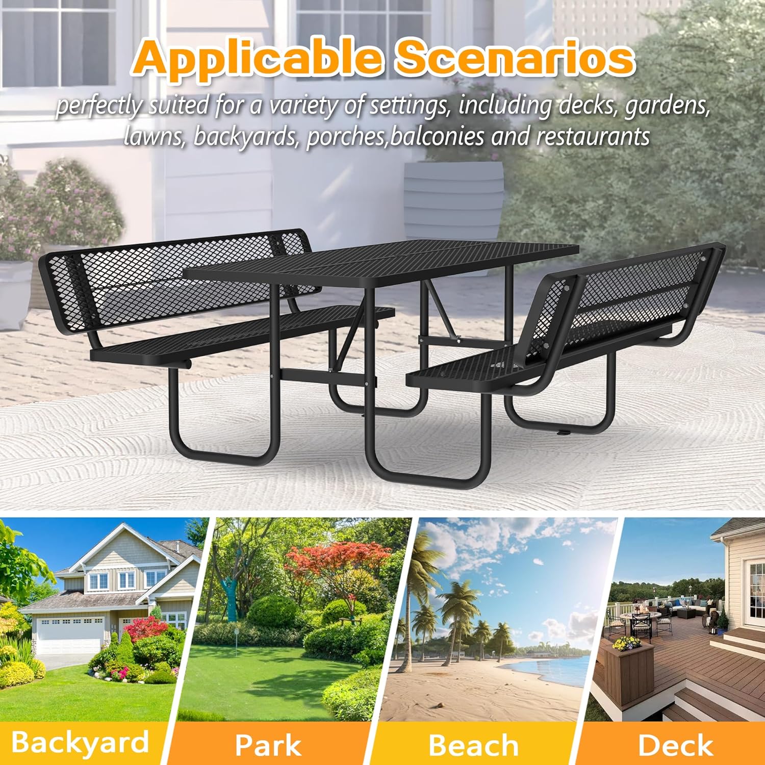 72" Heavy Duty Black Steel Picnic Table Set with Backrest–Commercial Grade Rectangular Outdoor Metal Mesh Table & Bench, Rust-Proof & Heat-Resistant, Includes Umbrella Hole for Patio, Garden, Park,BBQ