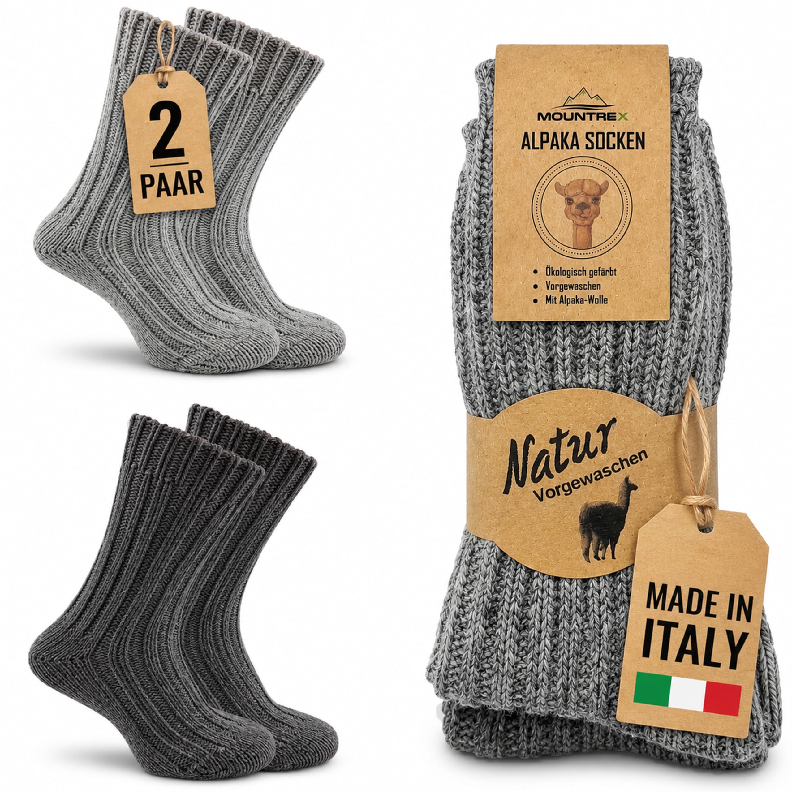 MOUNTREX® Alpaka Socken, Wollsocken für Damen und Herren - Wintersocken, Warme Haussocken, Thermosocken - Dick - 2 Paar