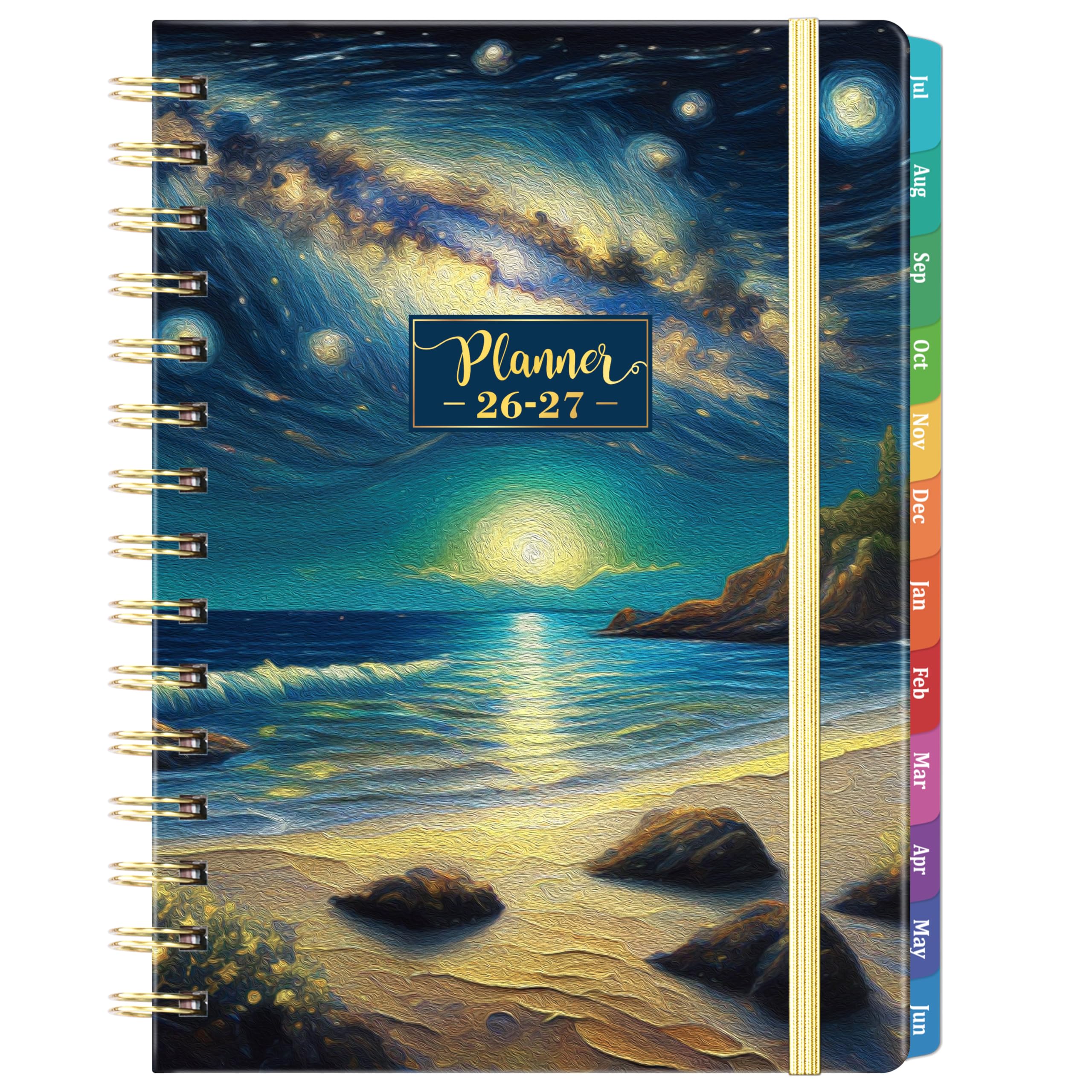 Pinchoco Planer 2025-2026 - Akademischer Planer Juli 2025 - Juni 2026, 21,3 x 16,0 cm, Wochen- und Monatsplaner mit Gummibandverschluss, Klebe-Tabs + Hardcover - Traumendes Meer