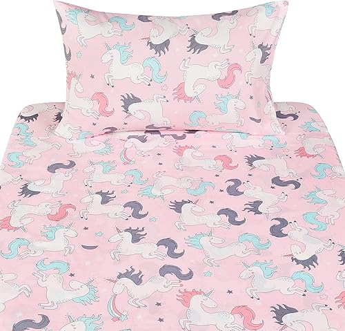 Miniatura 2 de Juego de sábanas de 3 piezas para niñas y niños, adorable y adorable diseño de caballo de unicornio, 100 % algodón, sábana encimera, sábana bajera y