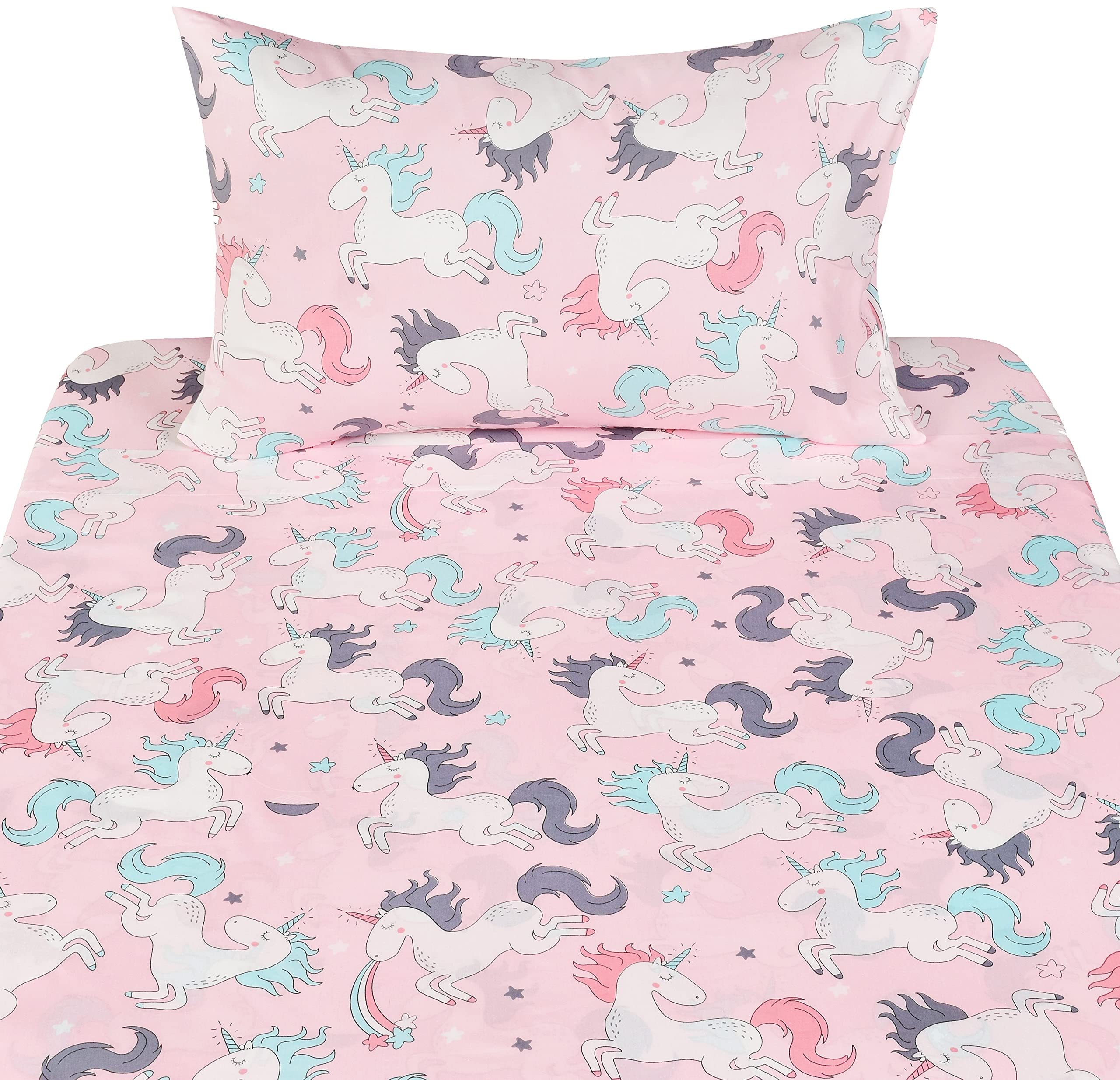 J-pinno Juego de sábanas para niñas y niños, 100 % algodón, sábana encimera, sábana bajera y funda de almohada, diseño de unicornio rosa