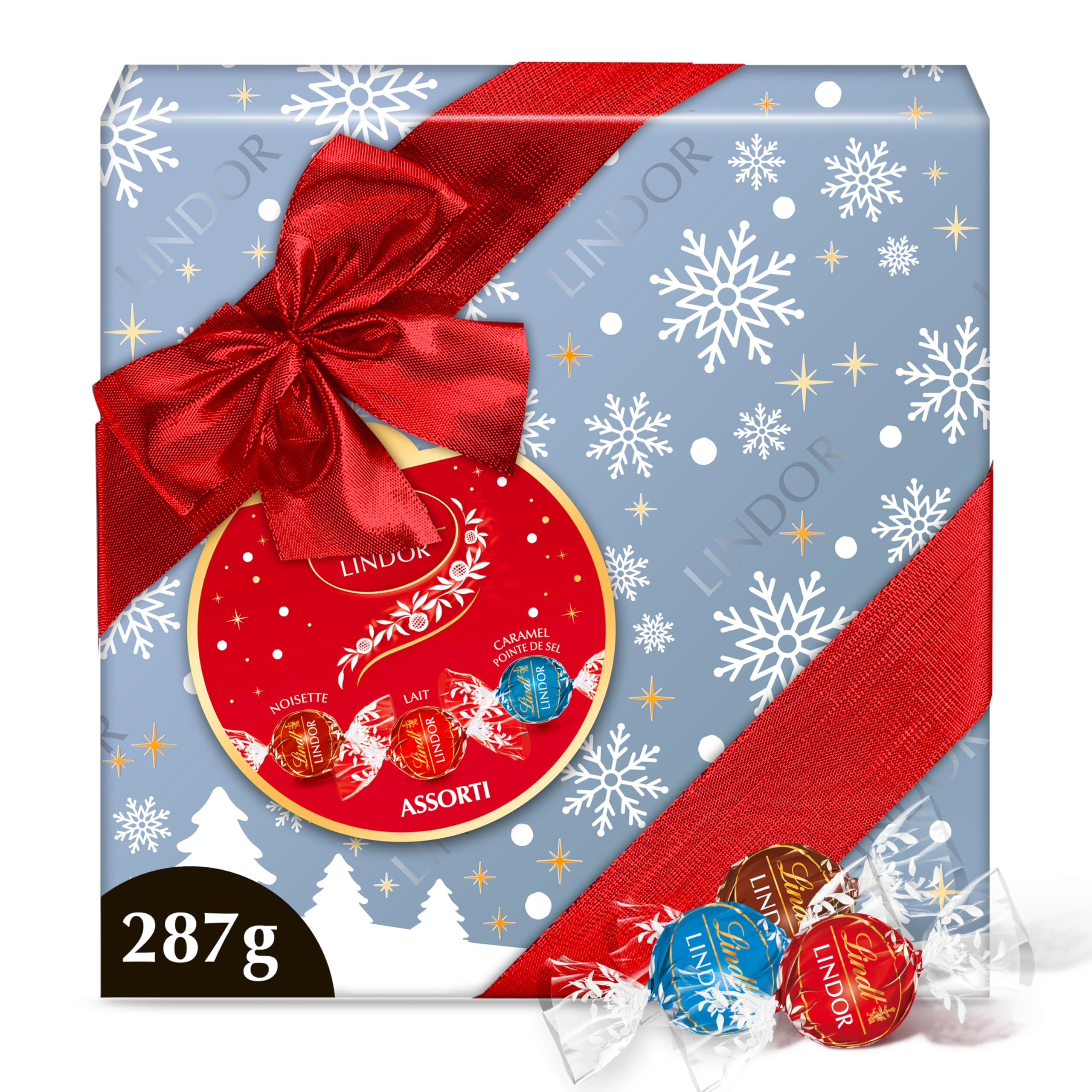 Lindt - Boîte Cadeau LINDOR - Assortiment de Chocolats au Lait, Noisettes, Caramel Pointe de Sel - Cœur fondant - Idéal pour Noël, 287g