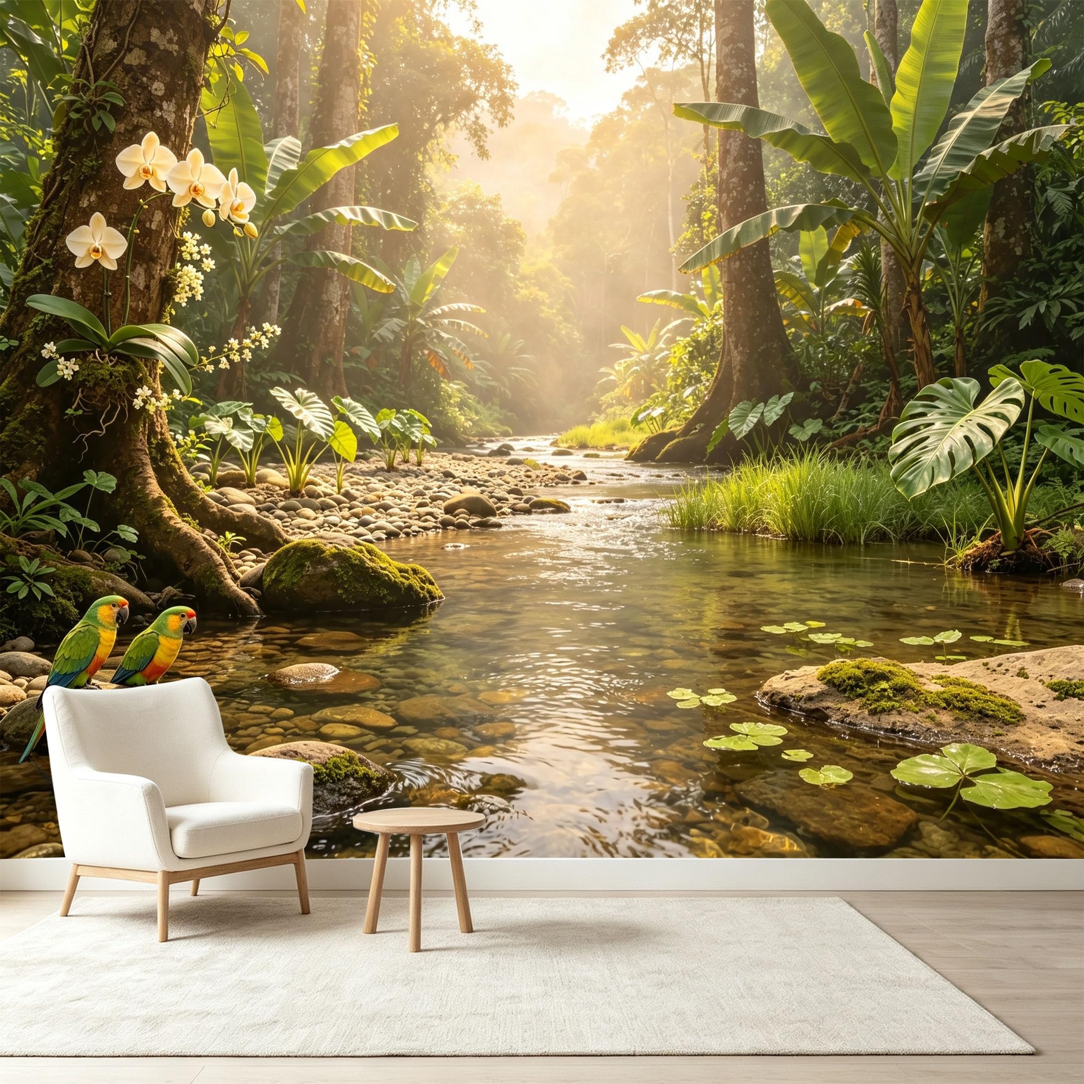 Custom Size Wall Murals Tropical Jungle Rainforest Stream Exotic Orchids Parrots Self-Adhesive Wall Fabric Removable Wallpaper Wall Decor for Living Room Bedroom Bathroom