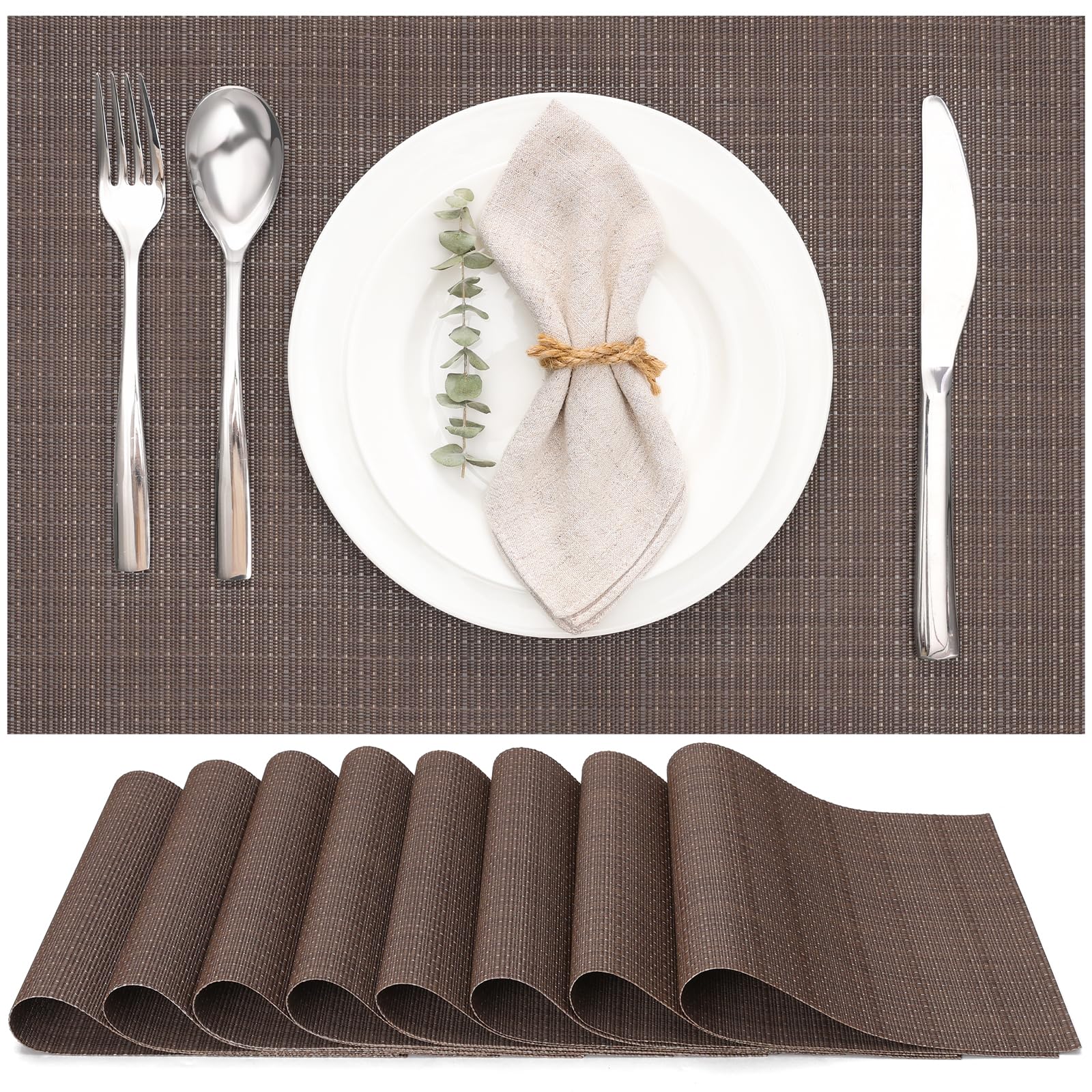 Myir Jun Coffee Table Mats Set Of 8, Place Mats Table Placemats Washable Non-Slip Heat Insulation Woven Vinyl For Kitchen Dinning Restaurant 17"X12" (Coffee)