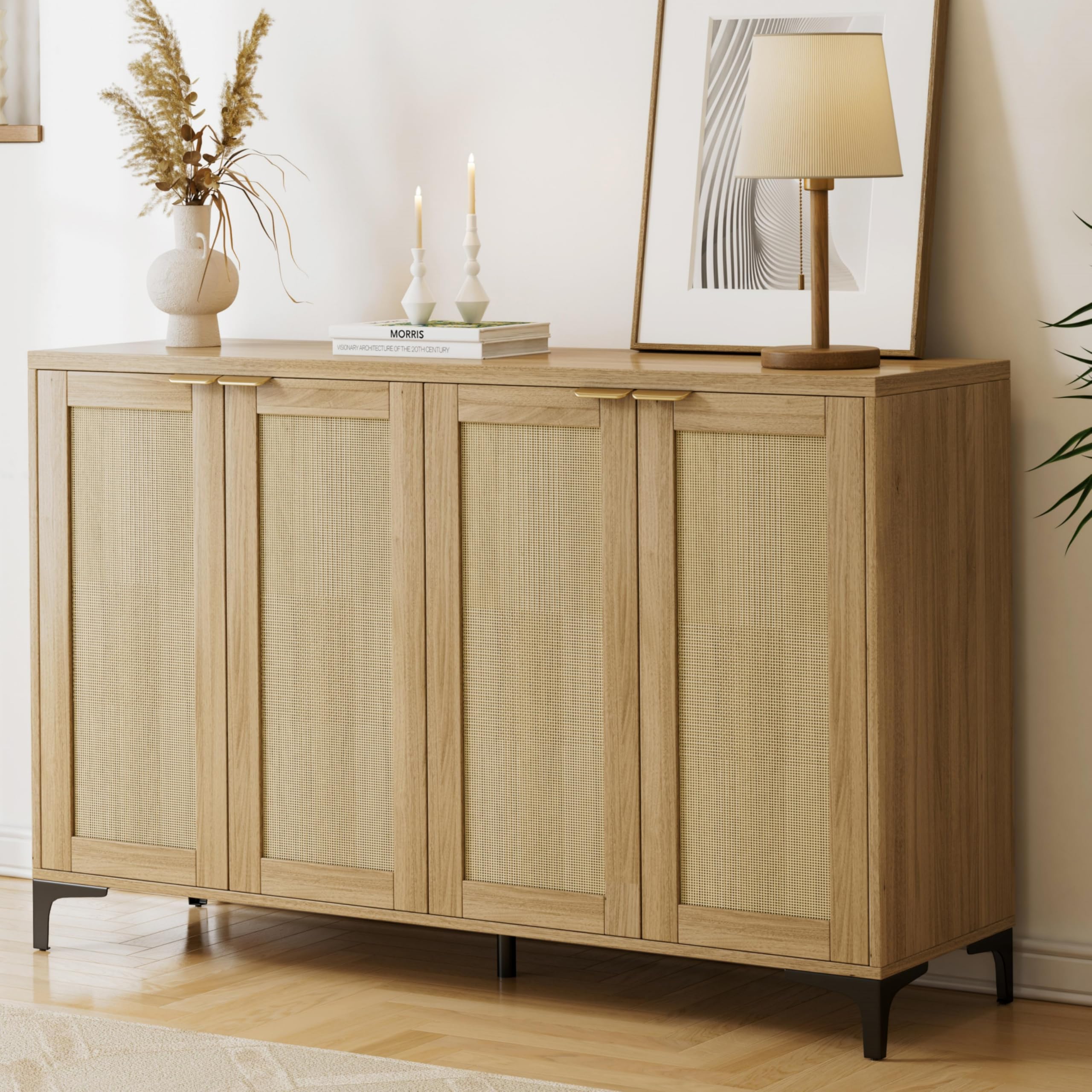 Homzbesy Sideboard - Buffet Cabinet with Storage, Rattan Storage with 4 Doors and Adjustable Shelves, Accent with Metal Feet, Sideboard Cabinet for Living Room (Natural)