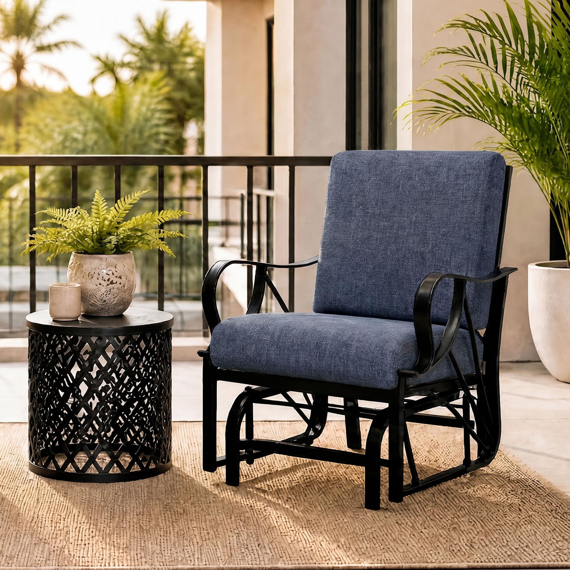 Glorlliant Patio Glider Chair, Outdoor Rocker Chairs with Removable Cushion, Metal Frame Patio Seating, Curved Armrests, Comfortable Porch Glider for Garden, Lawn, Yard– Blue