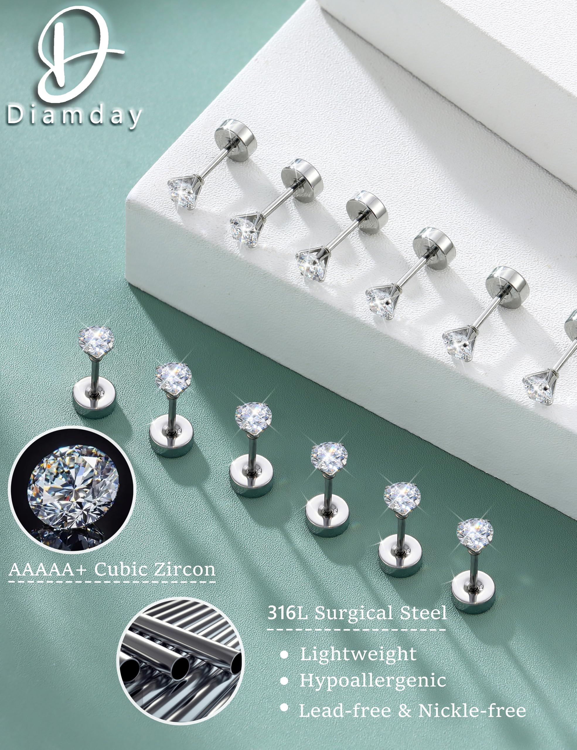 Diamday Set di Orecchini a vite con Retro 20G G23 Titanio Acciaio chirurgico Cubic Zirconia Cartilagine Piercing per donna Uomo CZ Tragus Helix Orecchini con parte posteriore piatta