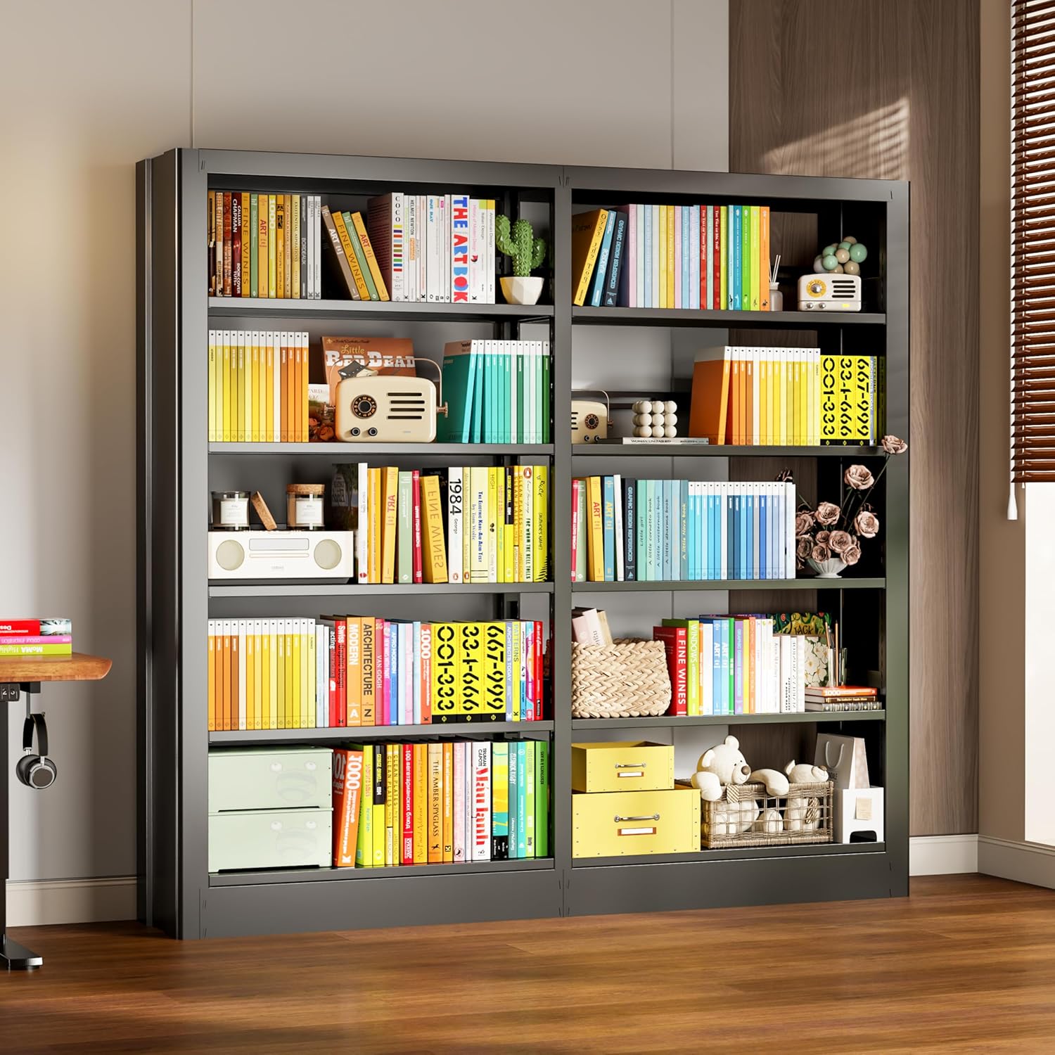5-Tier Bookcase with Adjustable Storage Shelves, Heavy Duty Bookcase, Metal Bookshelf with Book Stopper, Black Bookcase Shelf for Library, Office, Living Room