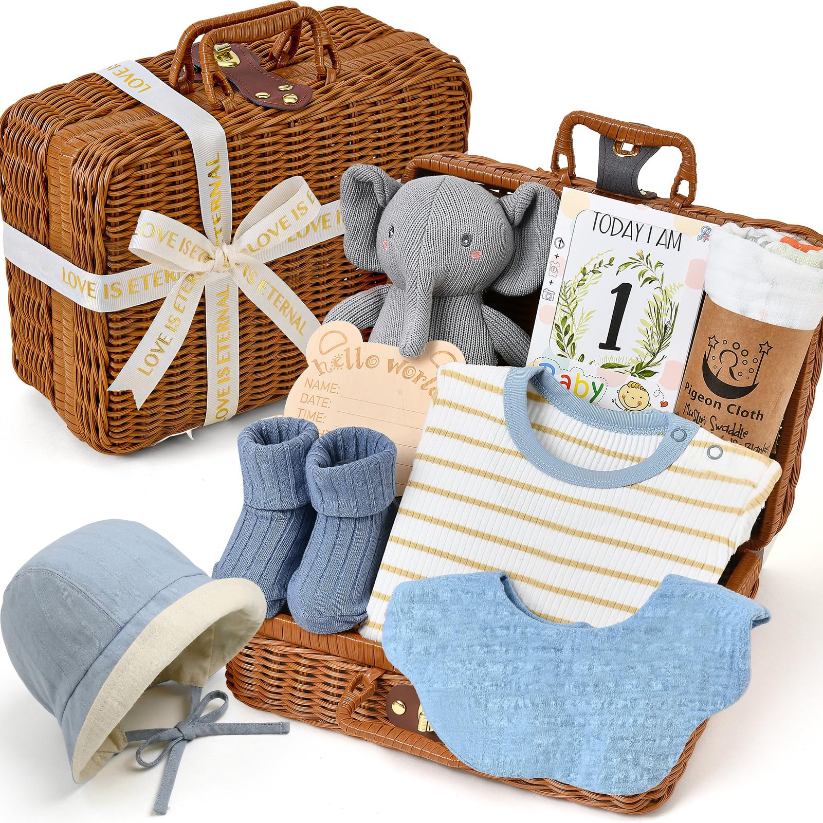Regalo Nascita Bimbo con Body, Peluche Elefante, Mussola, Bavaglino, Cappello, Calzini, Cesto in Bambù Intrecciato, Set Regalo Neonato Nascita Regalo Baby Shower Bimbo (Cesto in Bambù)
