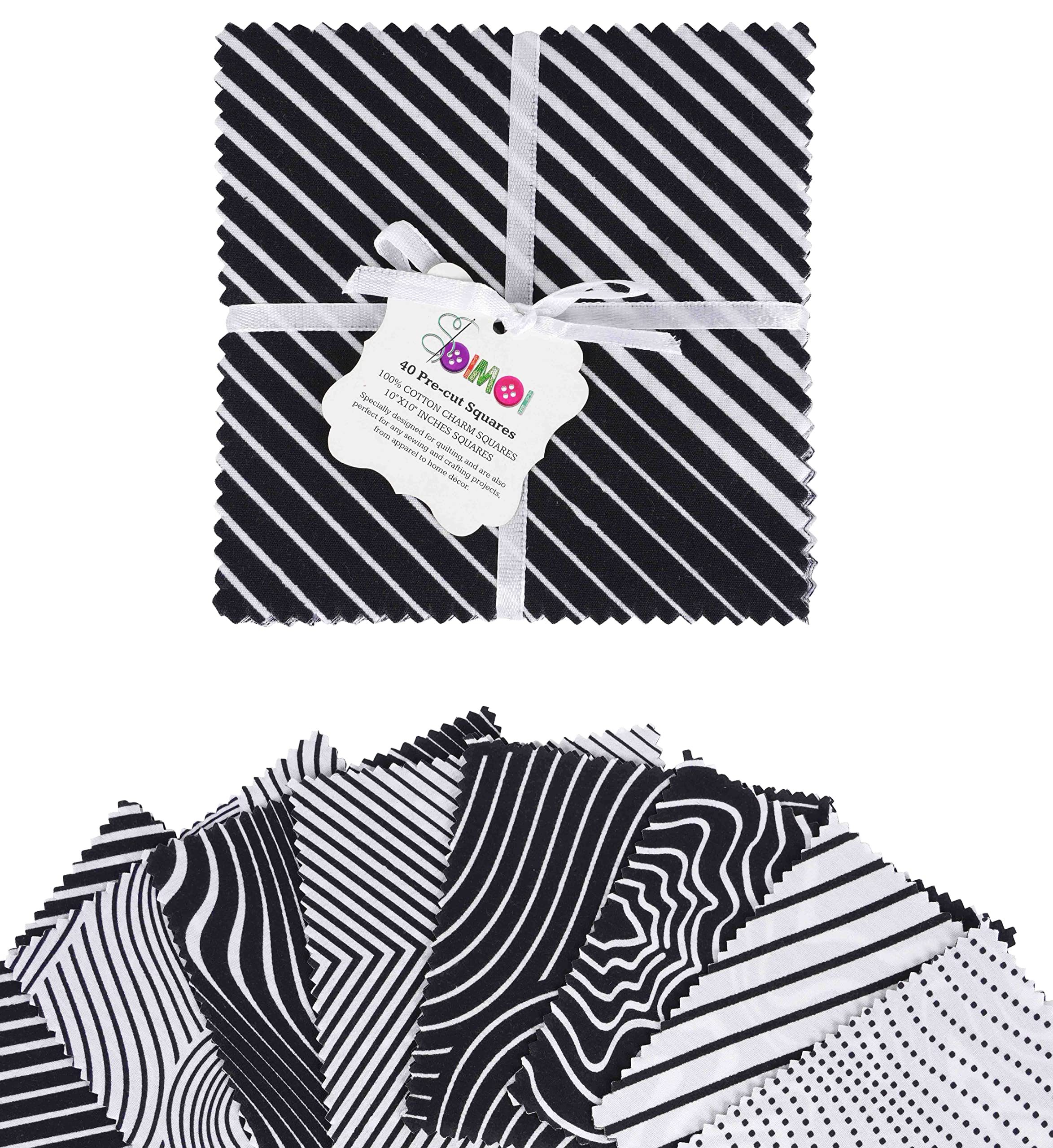 Soimoi Prect Precut 10 Pollici Stampe Geometriche In Cotone Tessuto Bundle Trapuntatura Quadrati Charm Pack Fai Da Te Patchwork Per Cucito - Bianco E Nero