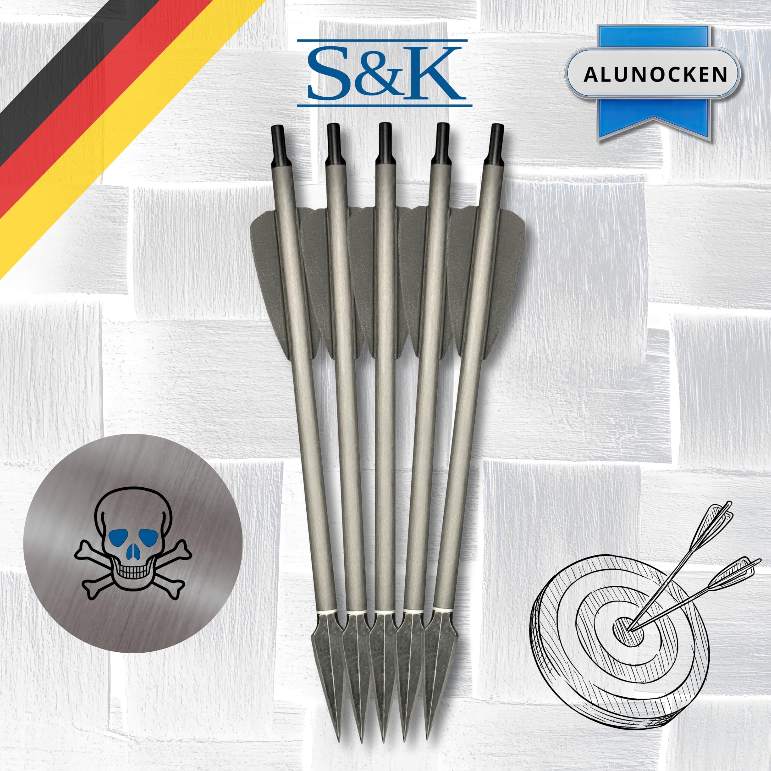 S&K - 5X Carbon Bodkinpfeile extrem, Alunocken, 7,5" für Cobra Adder, R9, RX, R10 – Made in Germany – Hochpräzise Armbrustbolzen mit Jagdbodkin & Aluminium-Nocke – 15,8g