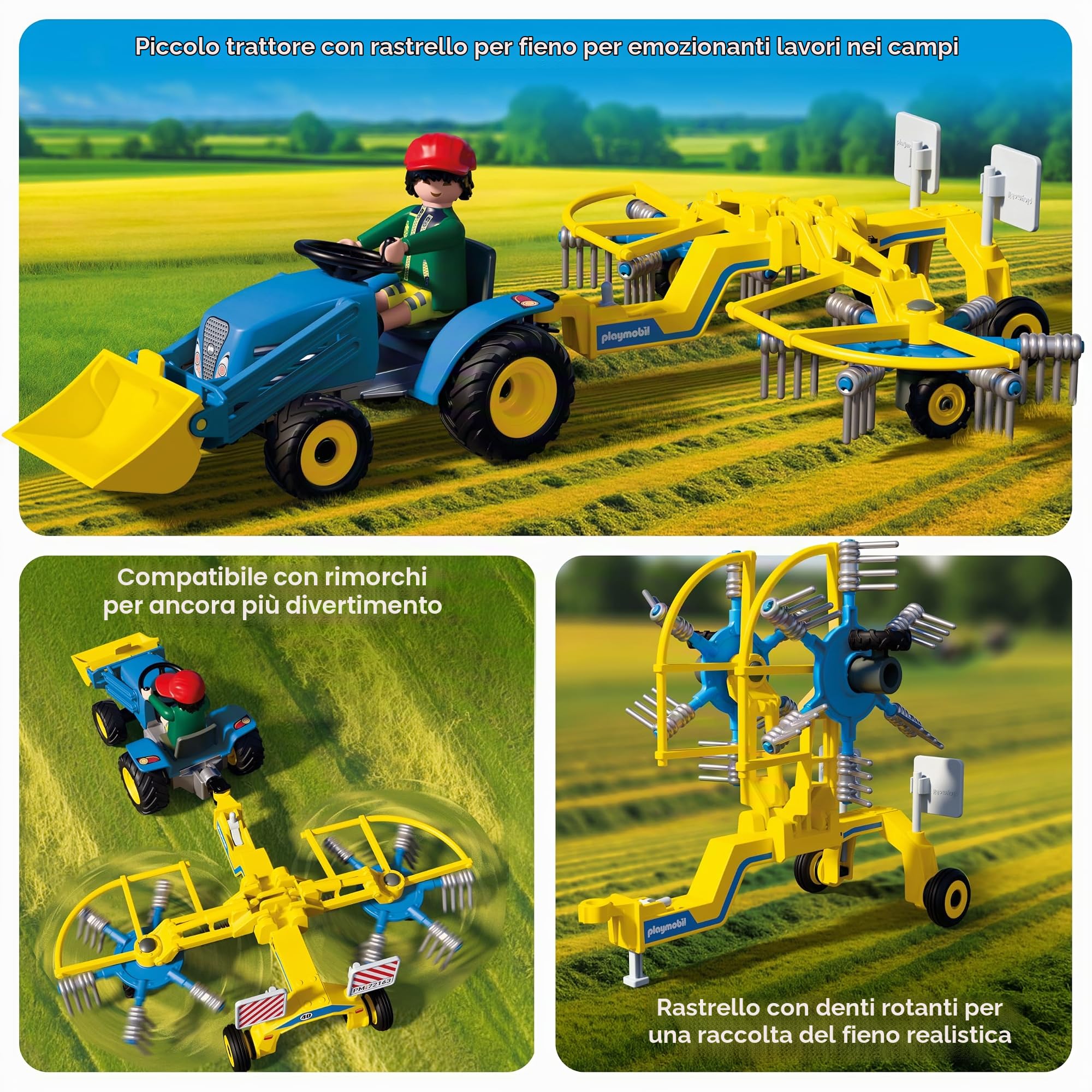 PLAYMOBIL | Country | Piccolo trattore con ranghinatore | Set trattore con ranghinatore, mucca, rimorchio e accessori | Per bambini da 4 anni | 72163