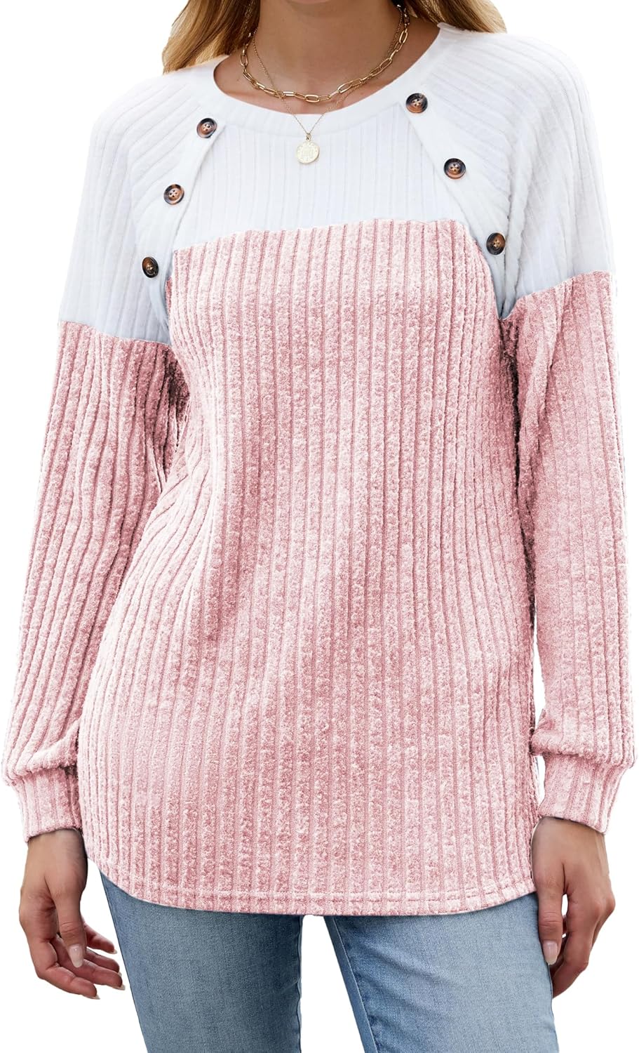 Famulily Womens Ribbed Knit Long Sleeve Crew Neck Sweatshirts Casual Colorblock Button Detail Tunic Tops