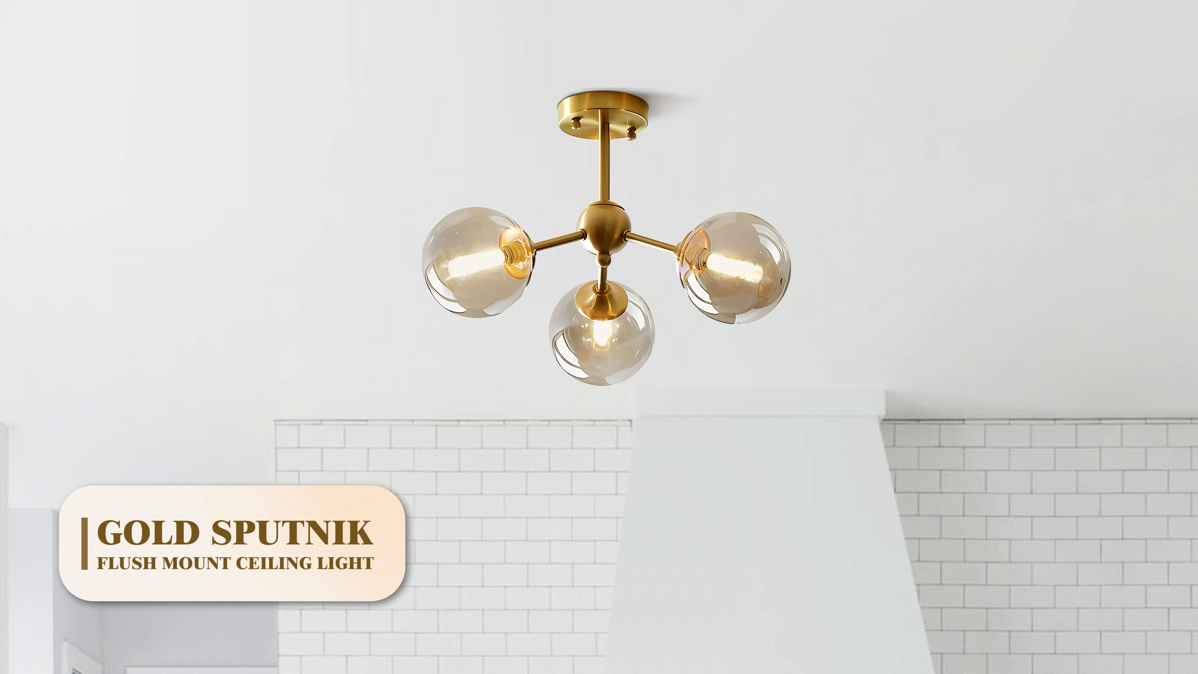 Image of KCO Lighting Small Amber Glass Ceiling Light Bubble Sputnik Chandelier Brass Gold Semi Flush Mount Ceiling Light for Kitchen Bedroom Hallway