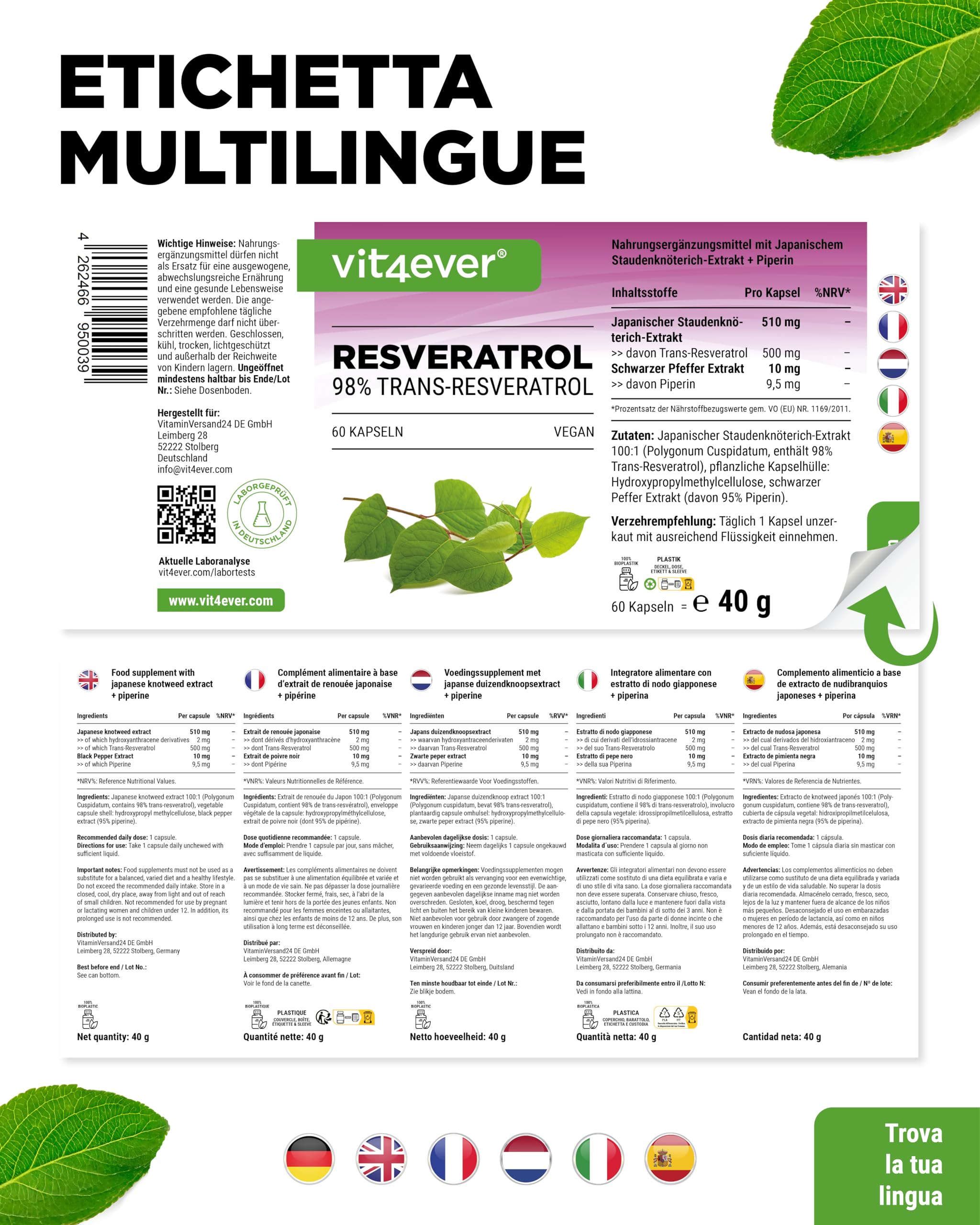 Resveratrolo - 520 mg per capsula - 98% trans-resveratrolo da estratto di radice di nodo giapponese 100:1 + piperina per una biodisponibilità ottimizzata - 60 capsule - ad alto dosaggio - vegano
