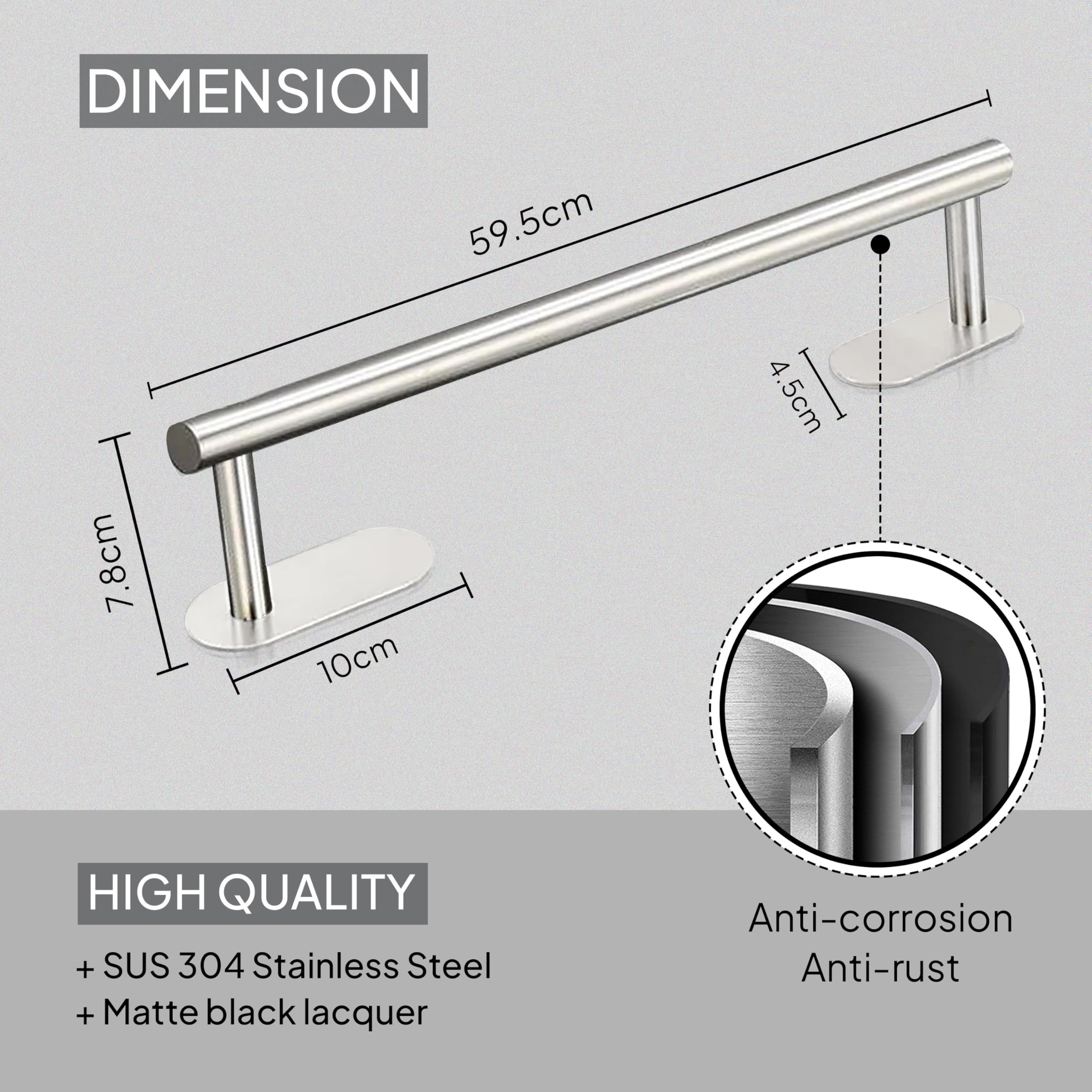 Spanley Towel Bar for Bathroom, Self-Adhesive Towel Holder, Space-Saving Towel Rack, Wall-Mounted Punch-Free Waterproof Anti-Slip Bathroom Kitchen Towel Hanger, 60×7.5×5 inch Brushed