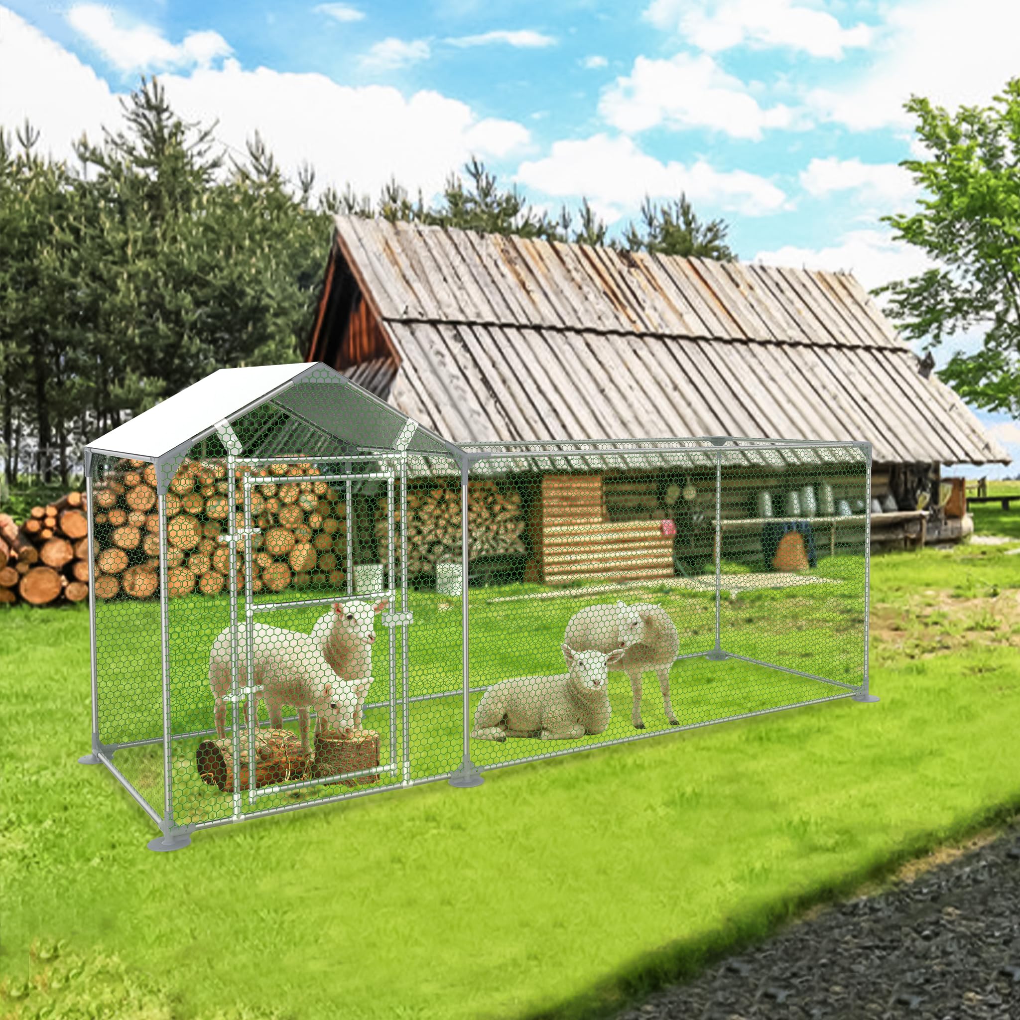 FIVMEN Freilaufgehege Kaninchen 2x1 m Hühnerstall Metall mit Sonnenschutz Dach,Tür & Riegel Stabil Hühnerhaus Freigehege Kleintiergehege für Hühner, Ente & Kleintiere