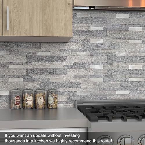 Miniatura 3 de BeNice Azulejos de protección contra salpicaduras para cocina, despegar y pegar, azulejos de mosaico lineal impermeable para salpicaduras en muro