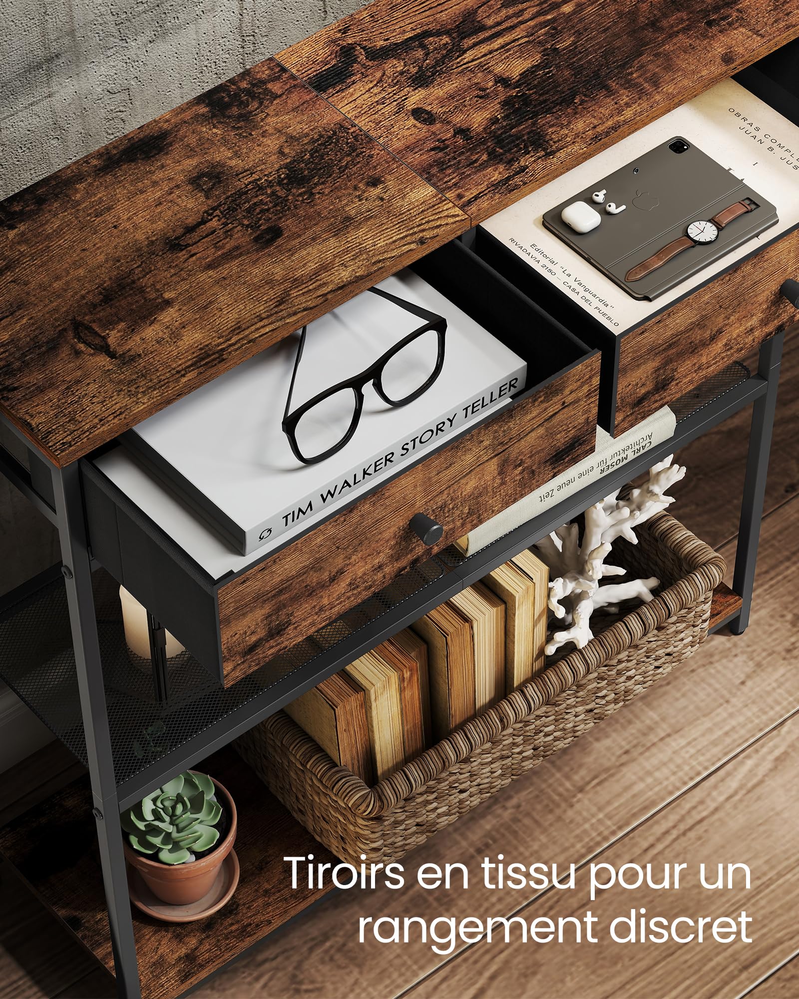 VASAGLE Table d'Entrée Étroite, avec 2 Tiroirs en Tissu, Meuble Console, Bout de Canapé sur 3 Niveaux, 24 x 76 x 80 cm, pour Entrée, Salon, Marron Rustique et Noir d'encre LNT092K01