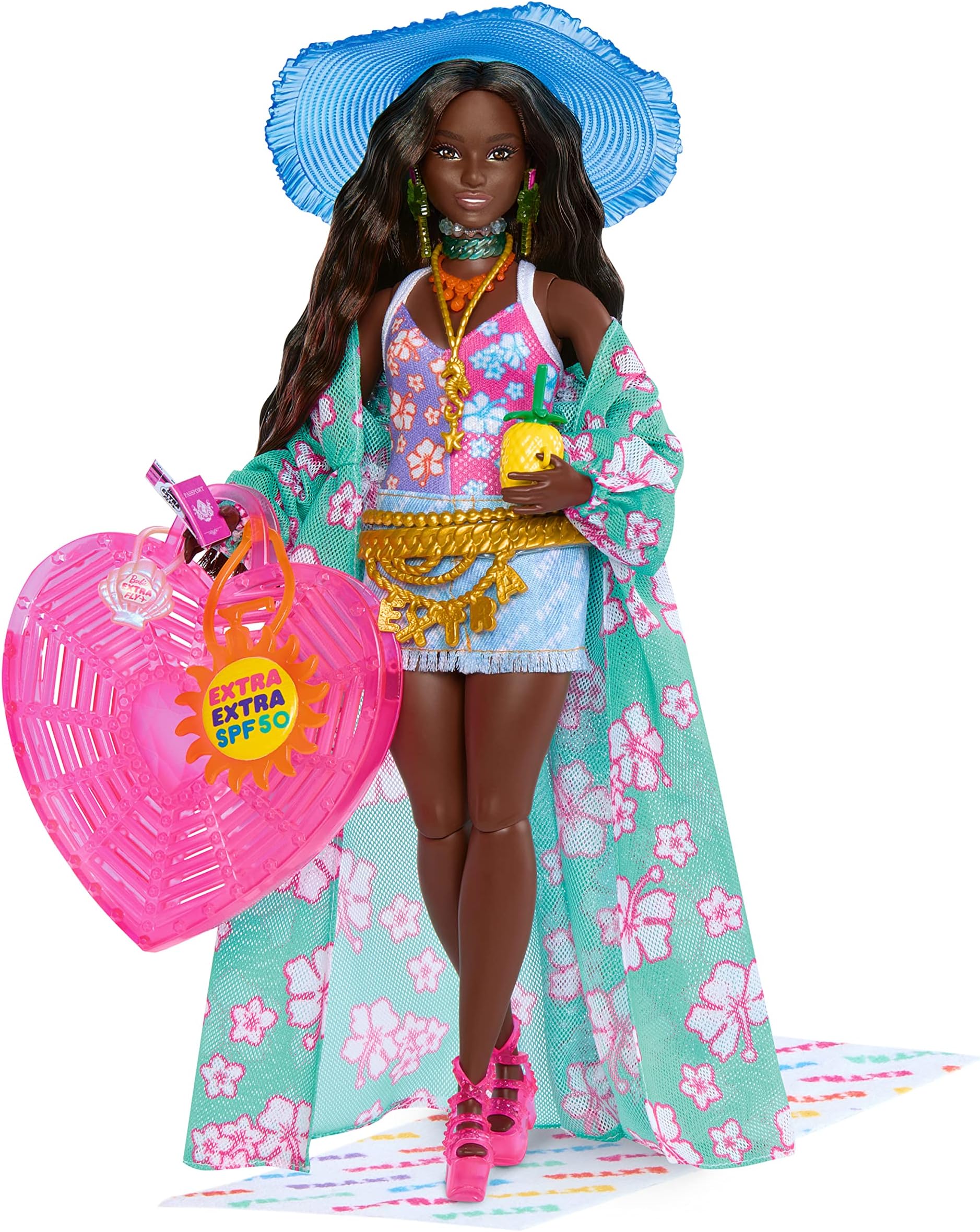 ​Travel Barbie Doll with Beach Fashion, Barbie Extra Fly, Hat and Tropical Coverup with Oversized Bag, HPB14,Multicolor,Small