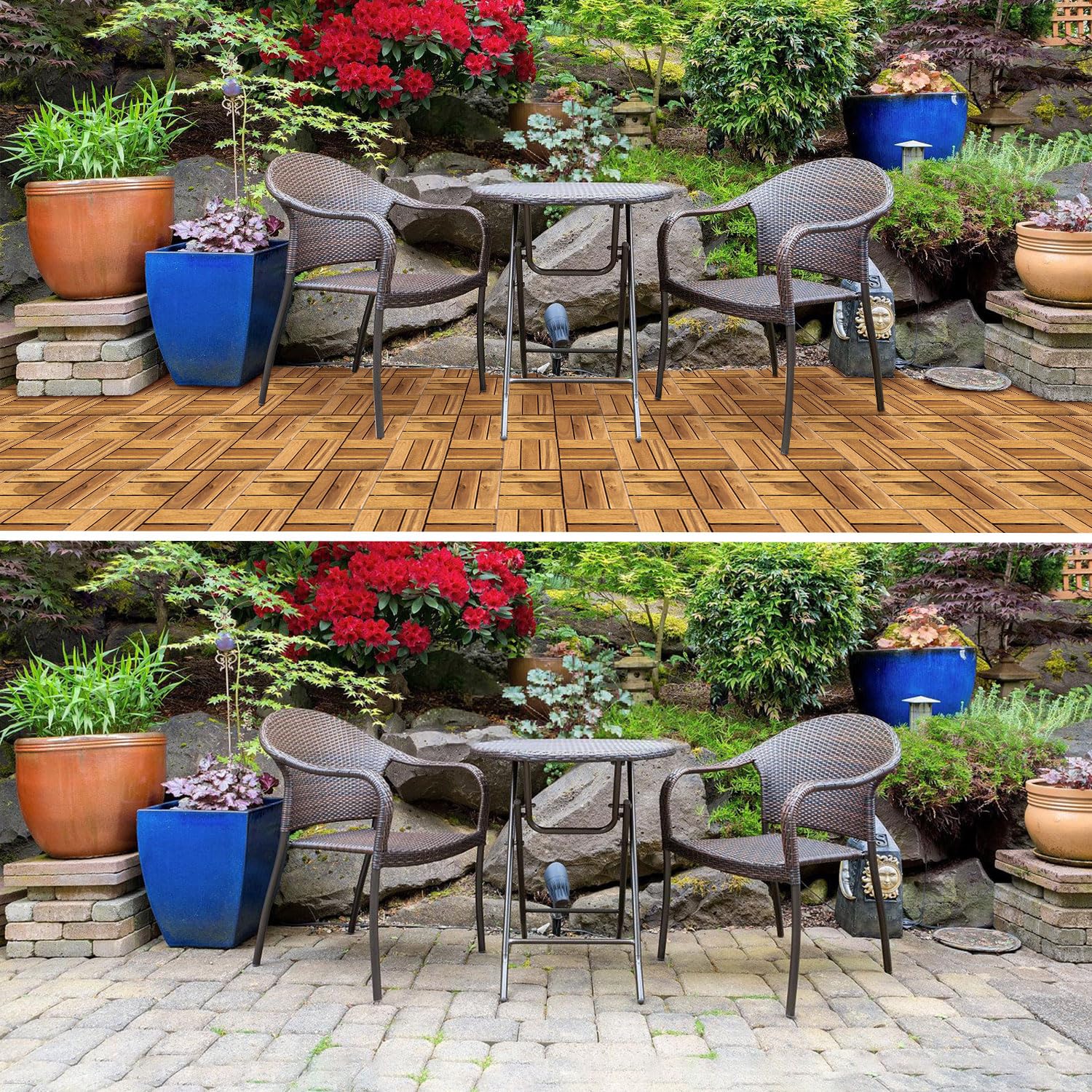 Fiqops Holzfliesen Balkon 30x30cm, Akazienholz Terrassenfliesen 11Stück 1㎡,Terassenboden Außen,Klickfliesen Terrasse Mosaik für Garten Patio,Balkon Bodenbelag (12 Latten)