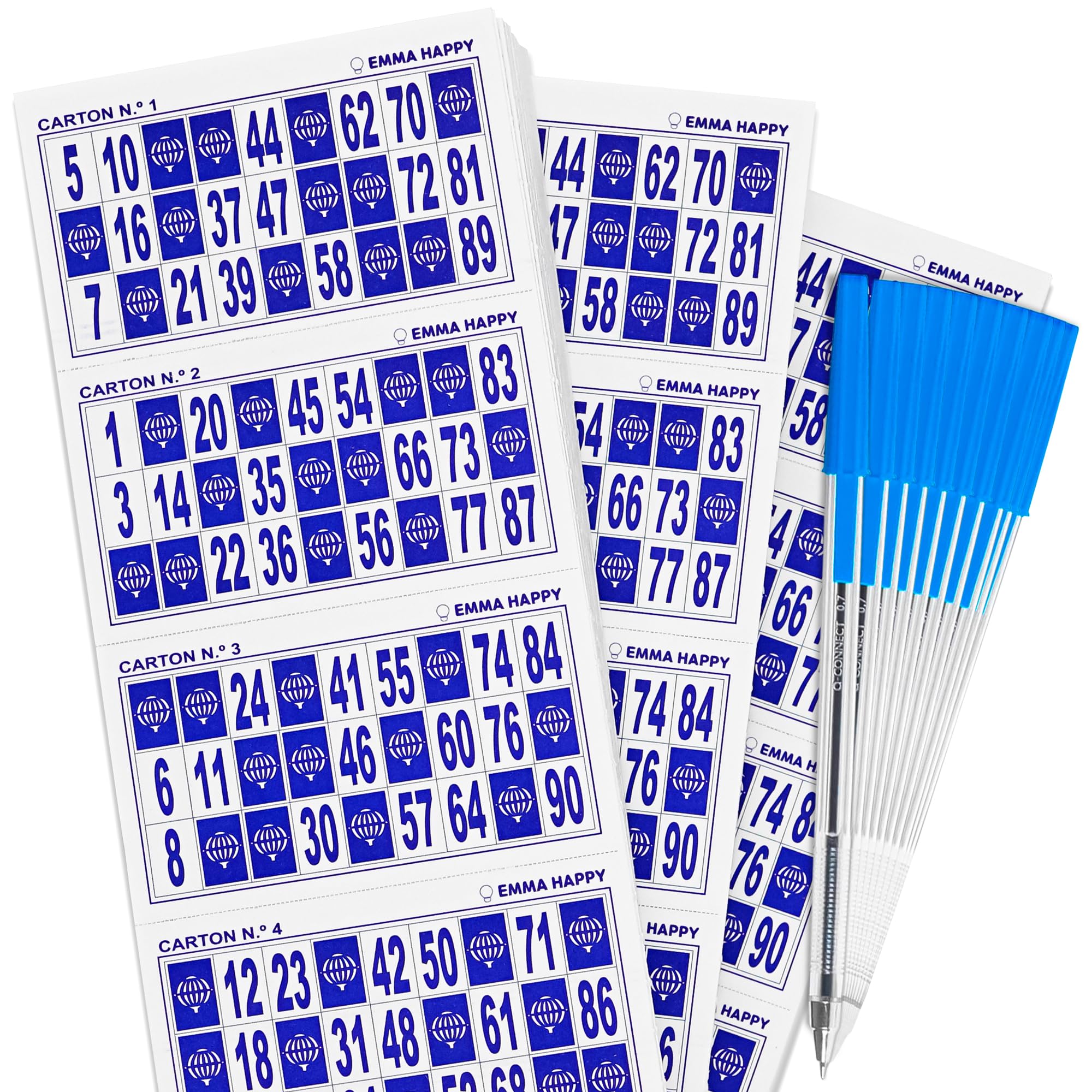 Cartones de Bingo Azules 90 Bolas – 1800 Unidades (3x600) Numeradas 1 al 90 + 10 Bolígrafos Azules – Bingo Tradicional en Cartón para Fiestas, Residencias y Asociaciones