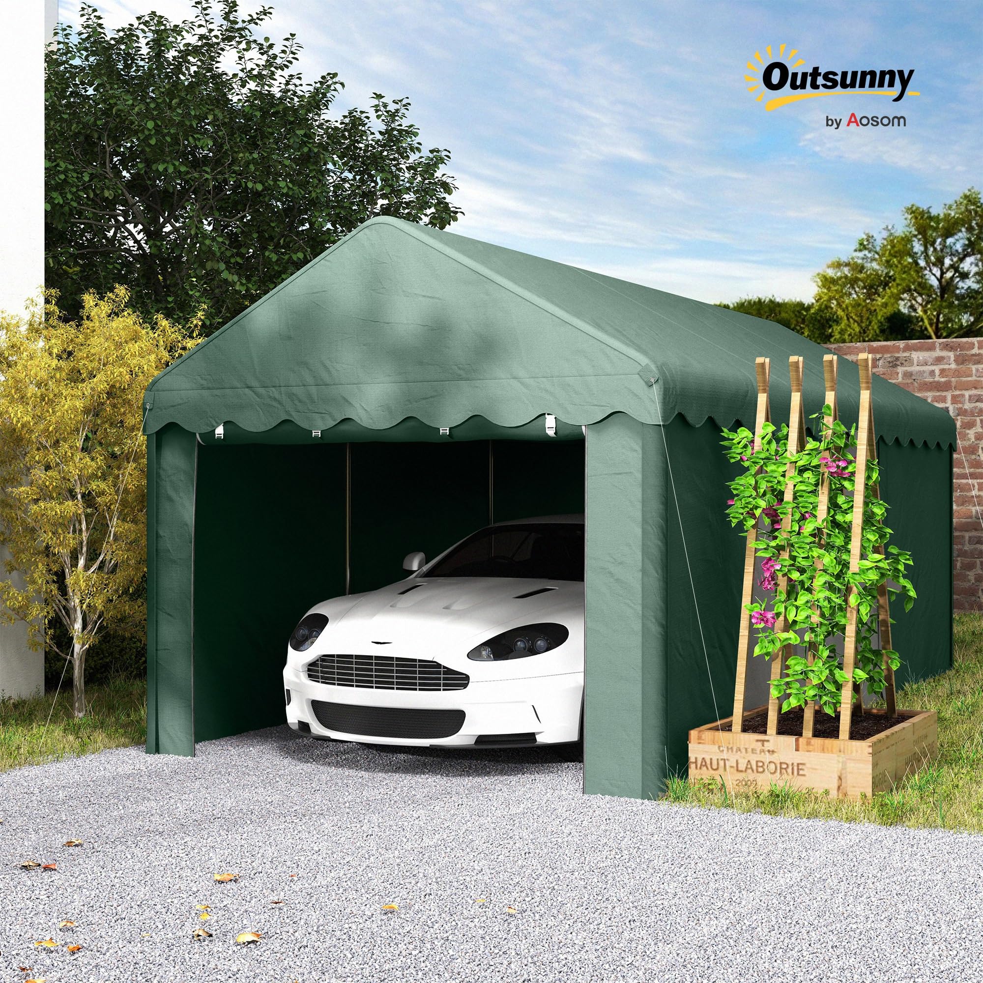 Outsunny Carport 3x6 m wasserdicht Garagenzelt mit Rolltüren, abnehmbaren Seitenwänden, UV-beständig Lagerzelt mit Dach, Zeltgarage Garagenüberdachung Unterstand Weidezelt für Auto, LKW, SUV, Grün