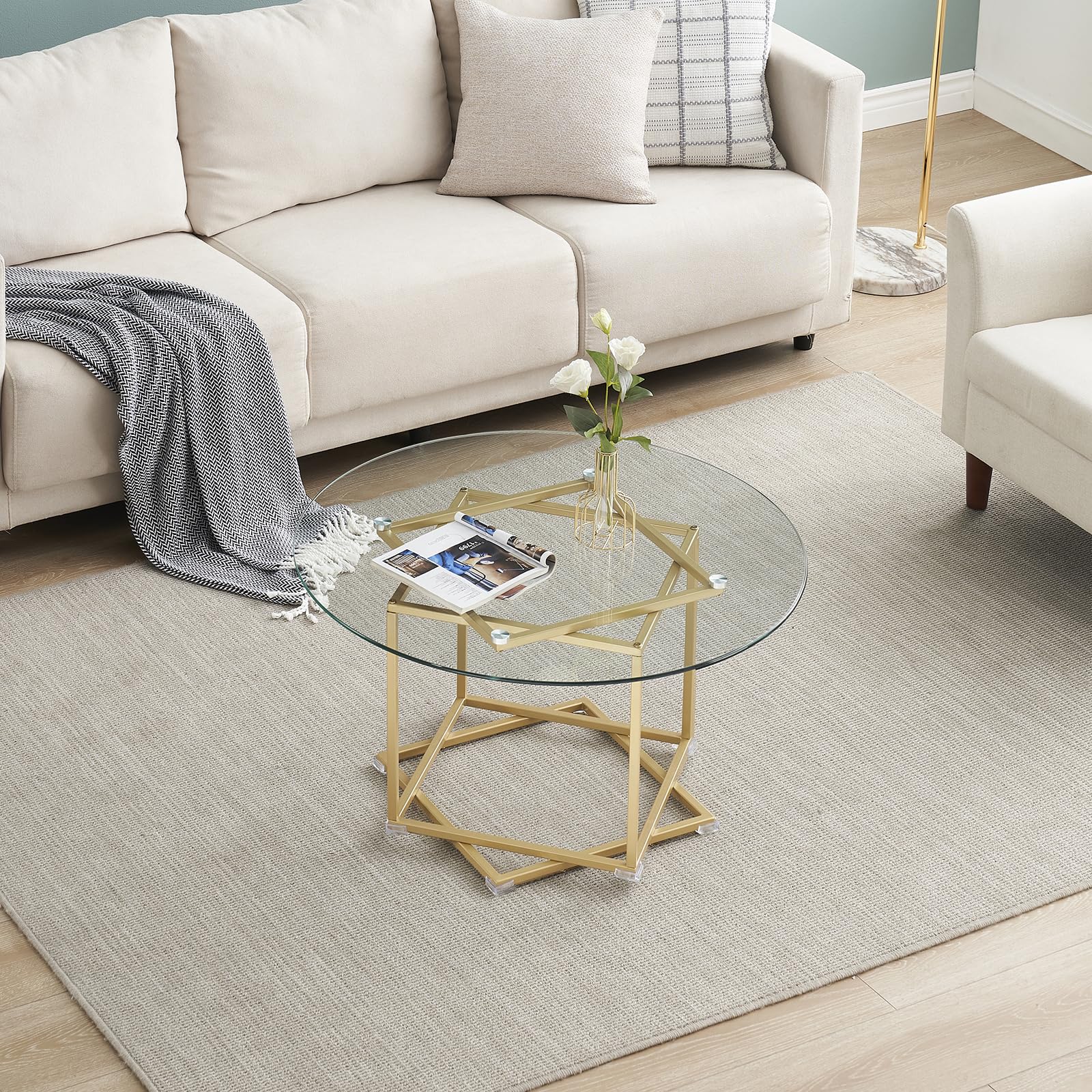 Table Basse Ronde, Table Basse Verre, Table de Salon, Table d'Appoint pour Meubles De Salon, 80×80 cm