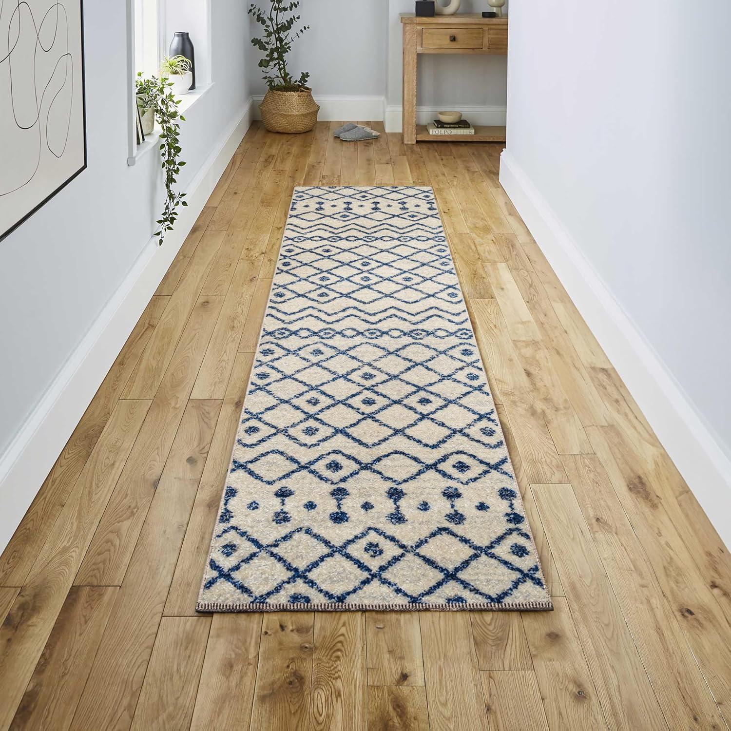 JONATHAN Y Aksil Moroccan Beni Souk Cream/Navy Runner Rug, 2x8, Bohemian, Scandinavian, Easy-Cleaning for Living Room, Bedroom, Kitchen, Pet Friendly, Non-Shedding (MOH208F-28)