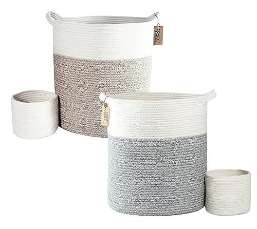 COMFY-HOMI 4 cestas  2 cestas altas de cuerda de 18 x 16 pulgadas con asa + 2 cestas pequeñas de regalo blancas, color blanco y marrónblanco y gris