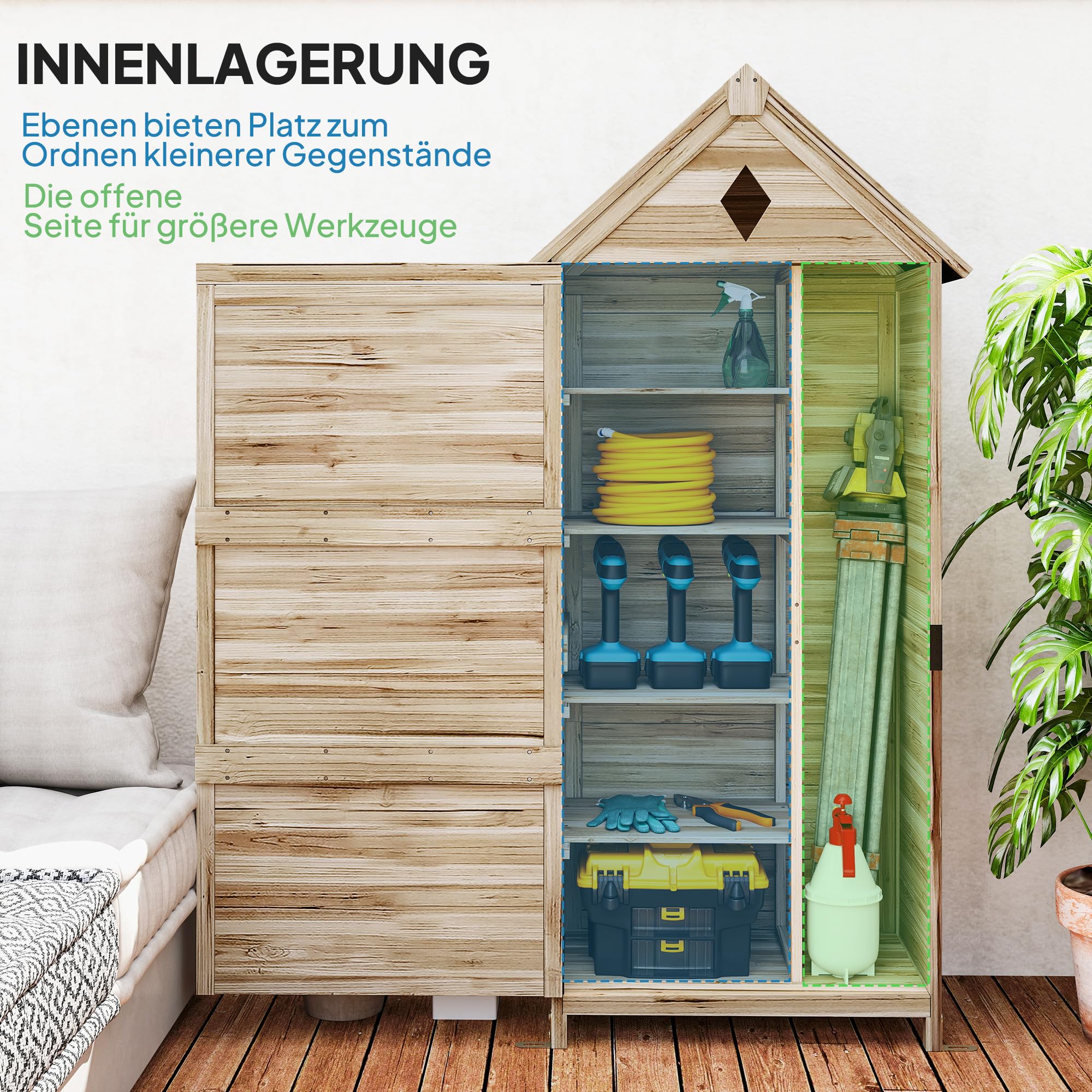 Outsunny Gartenschrank Holz, wasserdicht Geräteschuppen 80 x 49 x 170 cm, wetterfest Gerätehaus mit Tür, Satteldach, Ablagen, Geräteschrank, Werkzeugschrank Gartenschuppen für Garten, Rasen, Naturholz