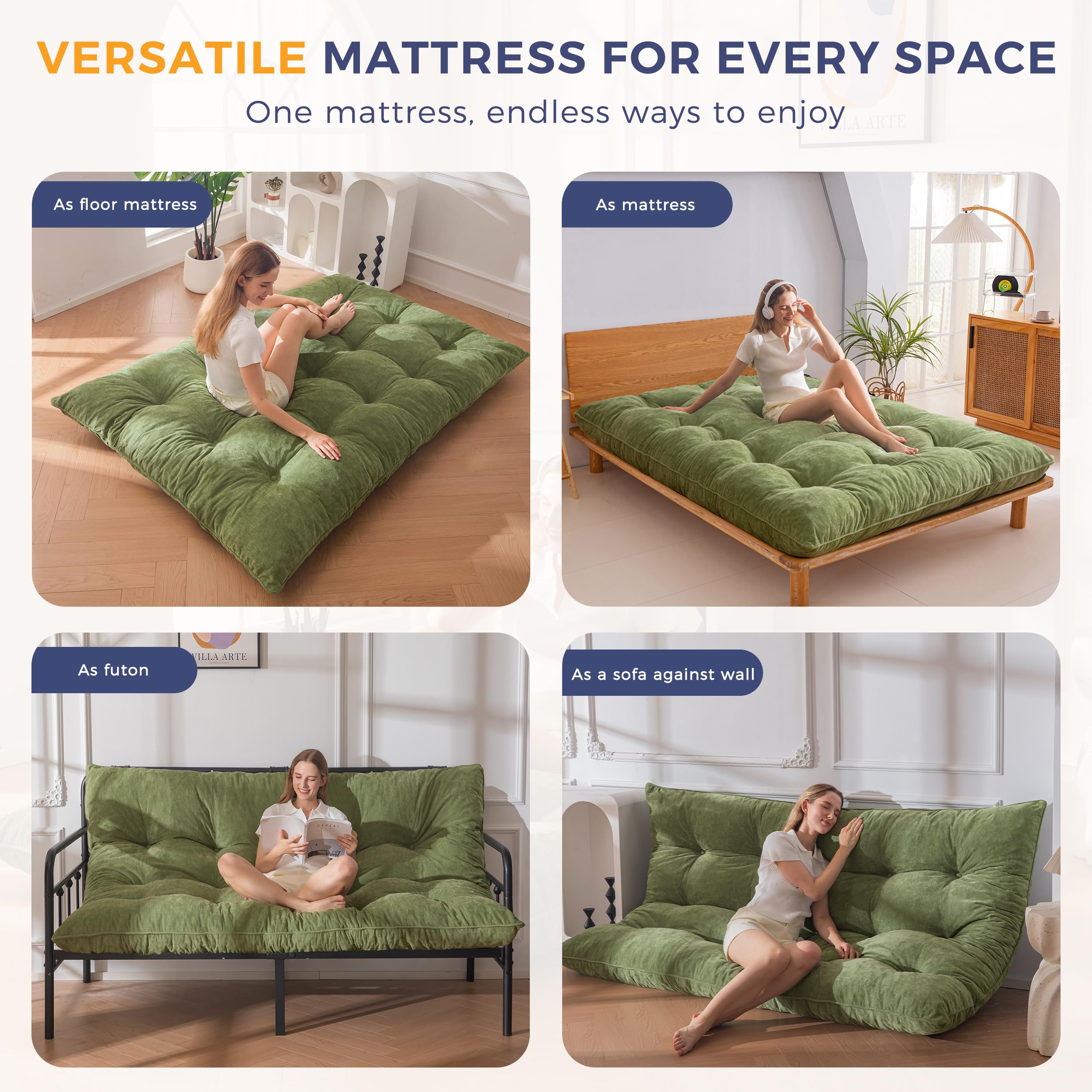 MAXYOYO Materasso Futon Tessuto-Chenille, 15cm Spessore, Rollisci Divano-Letto Pieghevole Riempito Spugna-Schiacciata, Craft-Bottoni, Pratico Tappetino-Pavimento Pieghevole (Escluso Struttura-Letto)