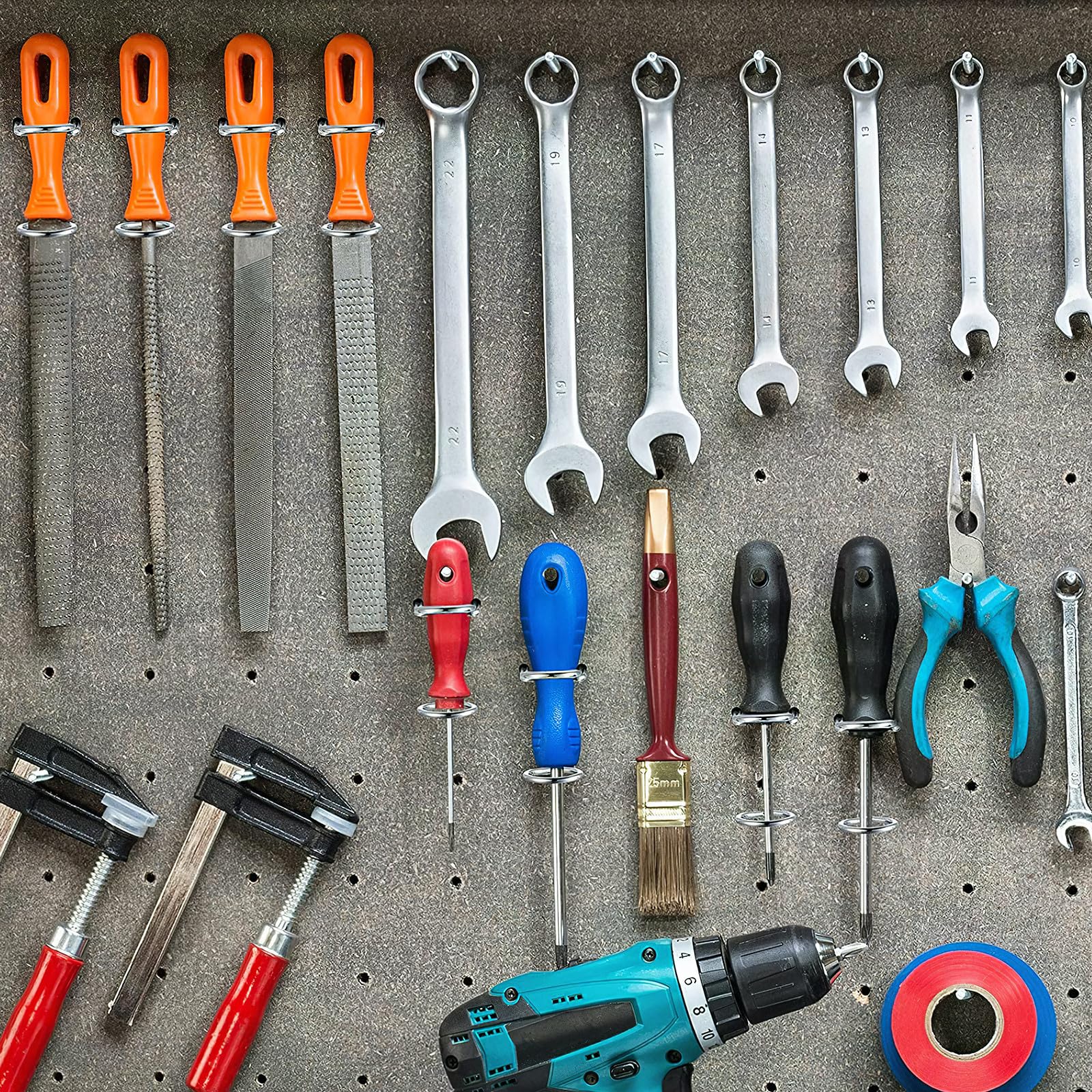 Organizzatori per Cacciaviti Pannello in Ferro 10 Pezzi, Ganci per Utensili a Doppio Anello per Pannelli Forati, Supporto Portautensili Multiuso per Casa, Garage e Officina
