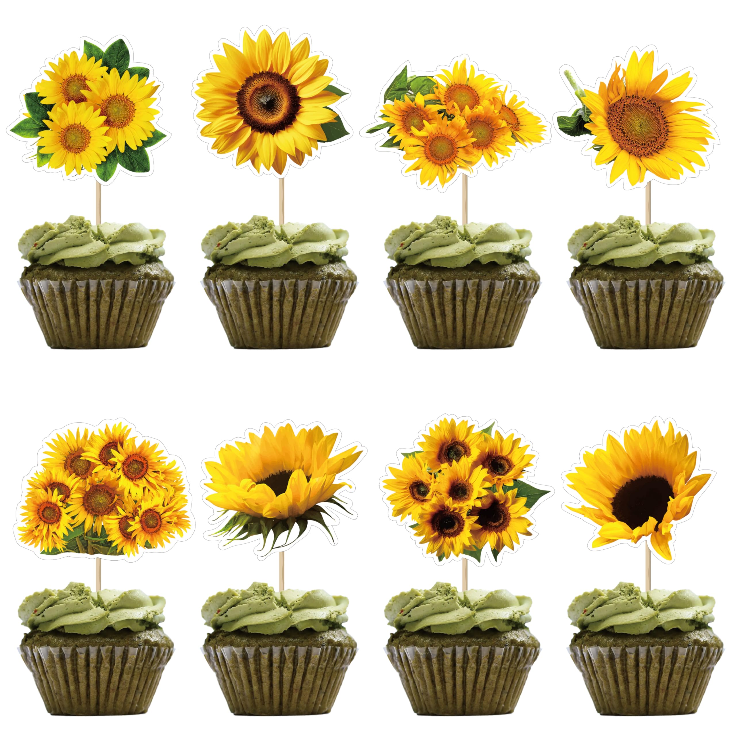 PARTY GOParty Go 32PCS Sunflower Cupcake Toppers & Picks - Sunflower Theme Baby Shower & Kids Birthday Party Cake Decorations