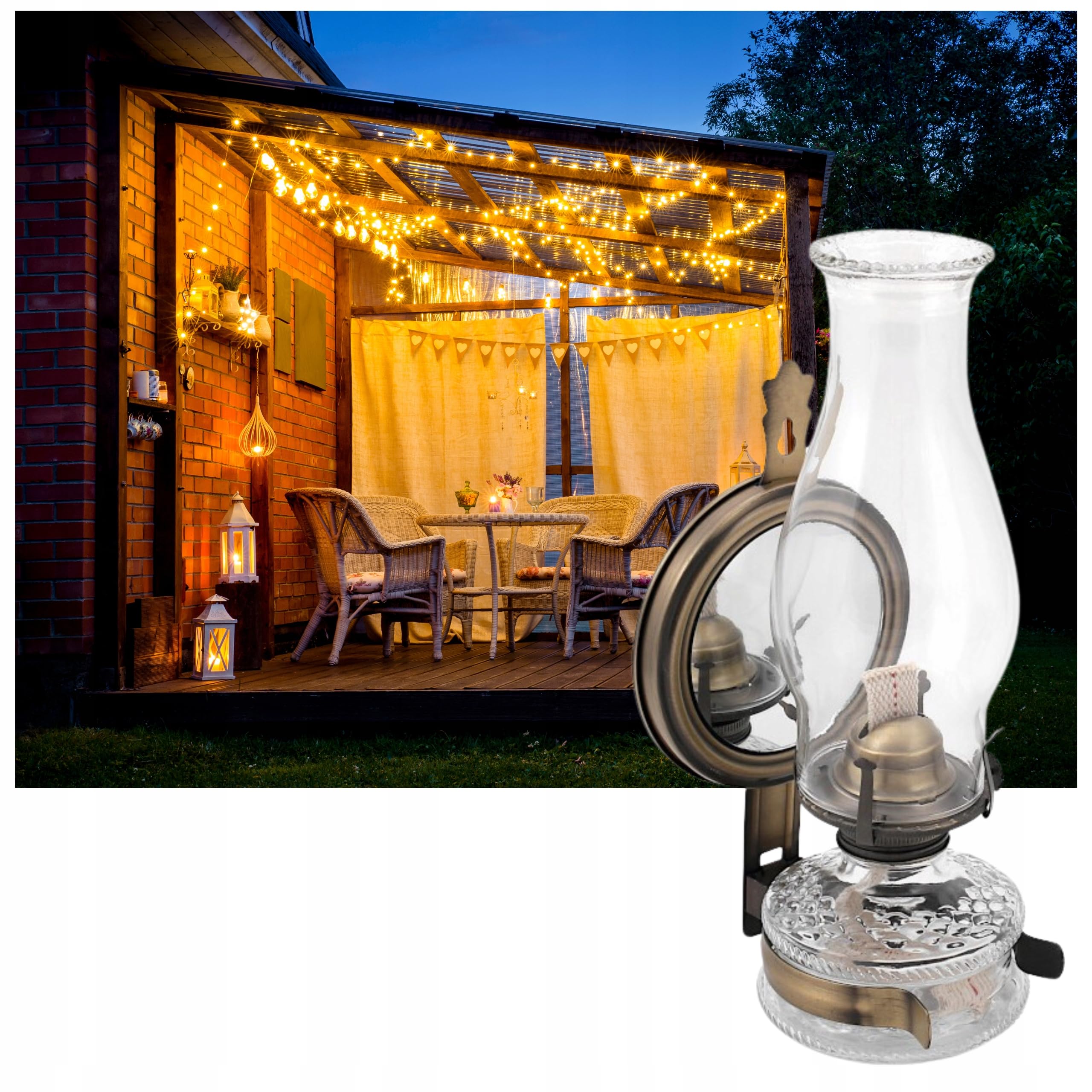 HUW Öllampe Mit Spiegel & Dochthalter SET Zusätlichem Doch & Petroleum Petroleumlampe 31 cm Höhe Sturmlaterne Glaskolben Tischlampe Gartenlampe (LAN331SET)