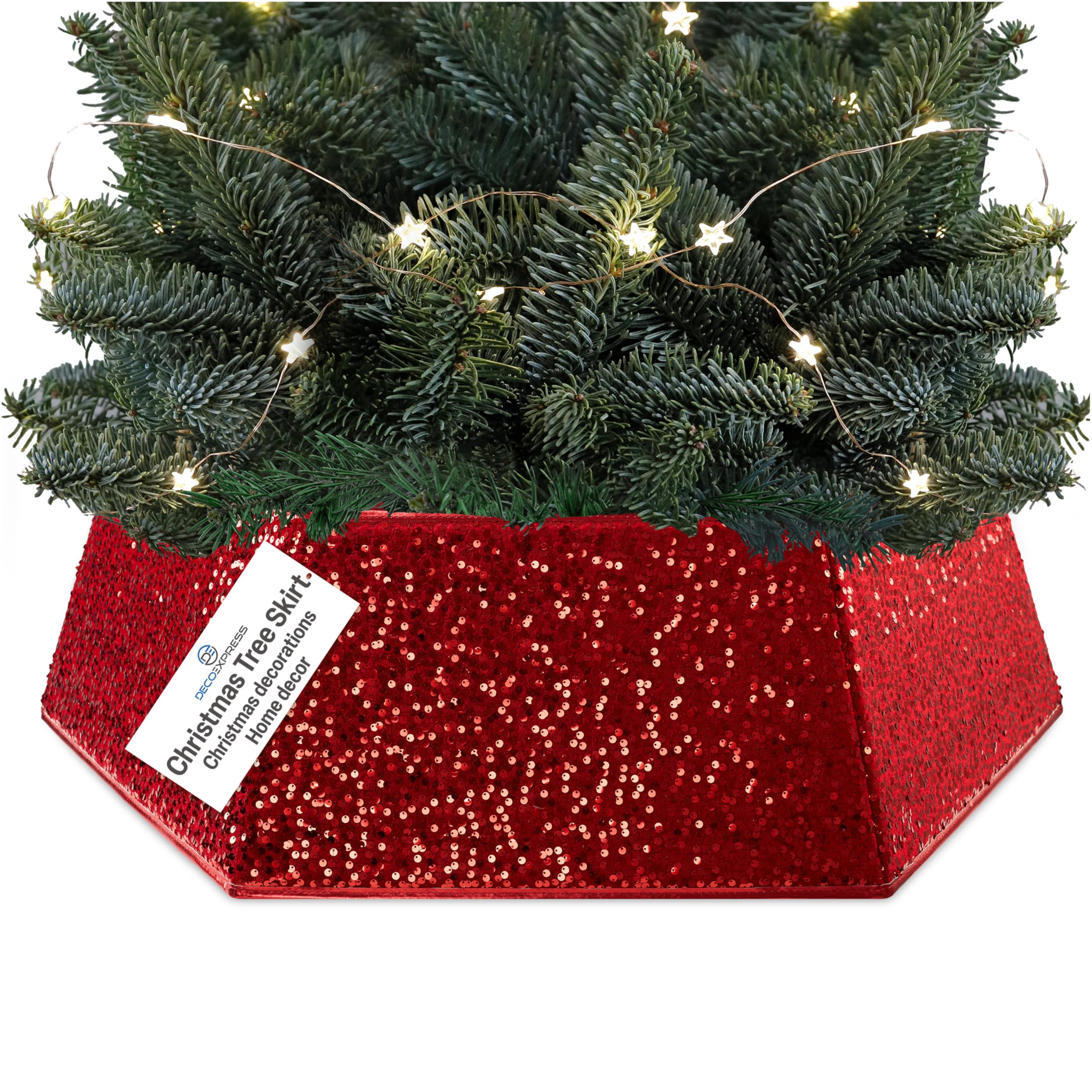 DECO EXPRESS Christmas Tree Skirt, Sequin Tree Base Cover, Sparkly Collar for Christmas Decorations, Festive Decor for Xmas Party, 68 x 25cm (Red Sequin)