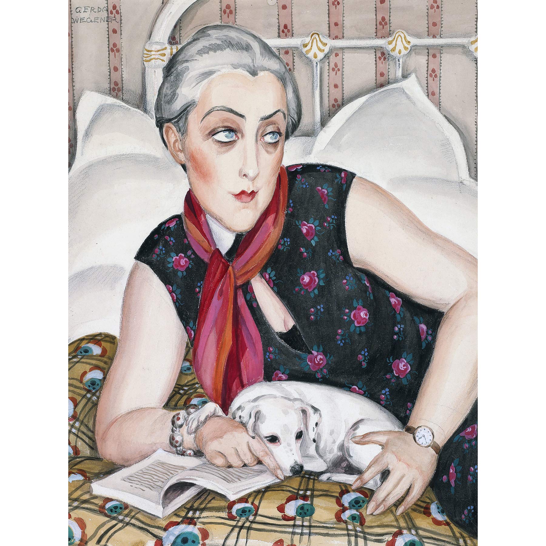Artery8 Gerda Wegener Woman Dog Reading Painting Premium Wall Art Canvas Print 18X24 Inch