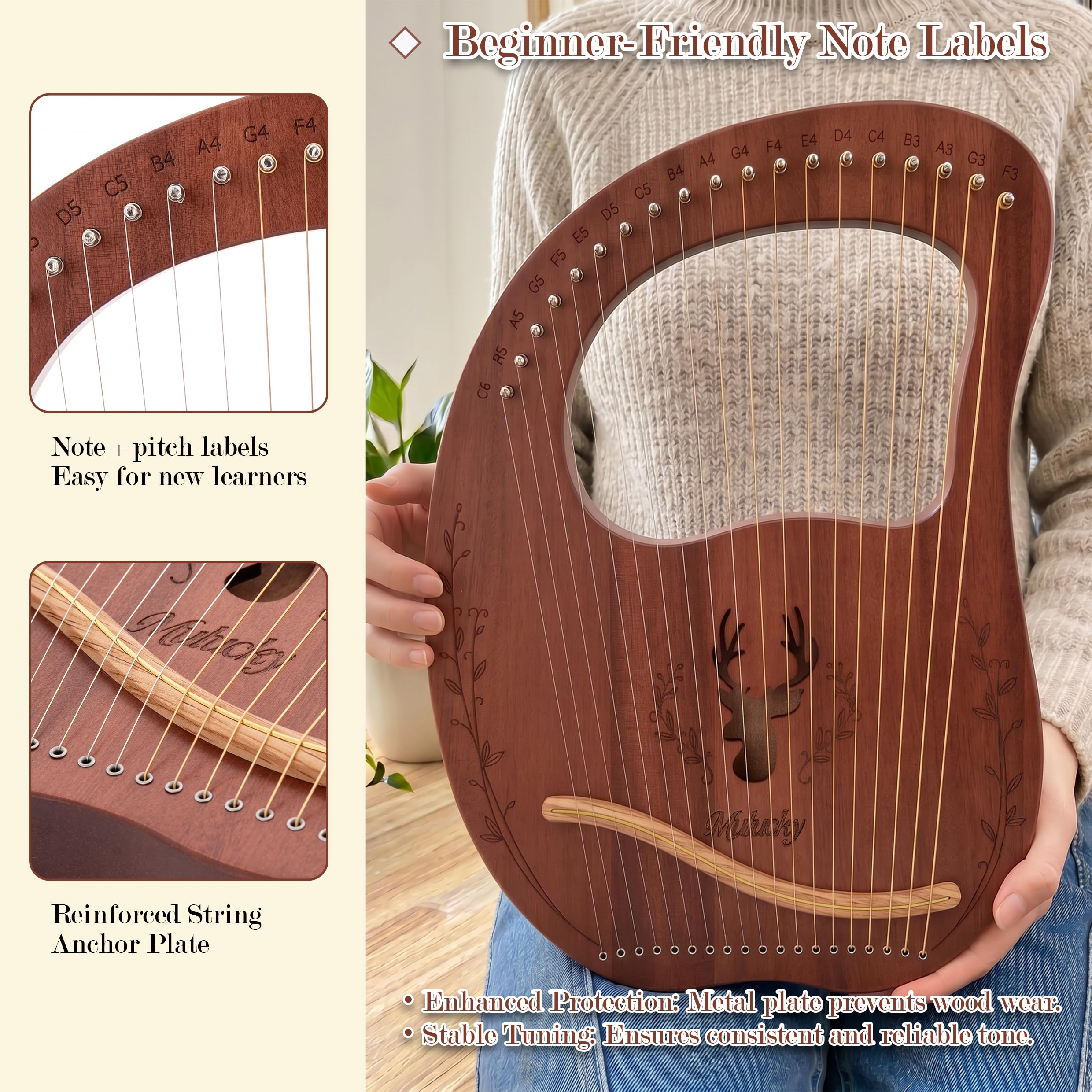 Mulucky Arpa de lira, kit de arpa de lira de caoba de 19 cuerdas, instrumentos musicales de cuerda con bolsa de llave de afinación, cuerdas adicionales para principiantes y adultos