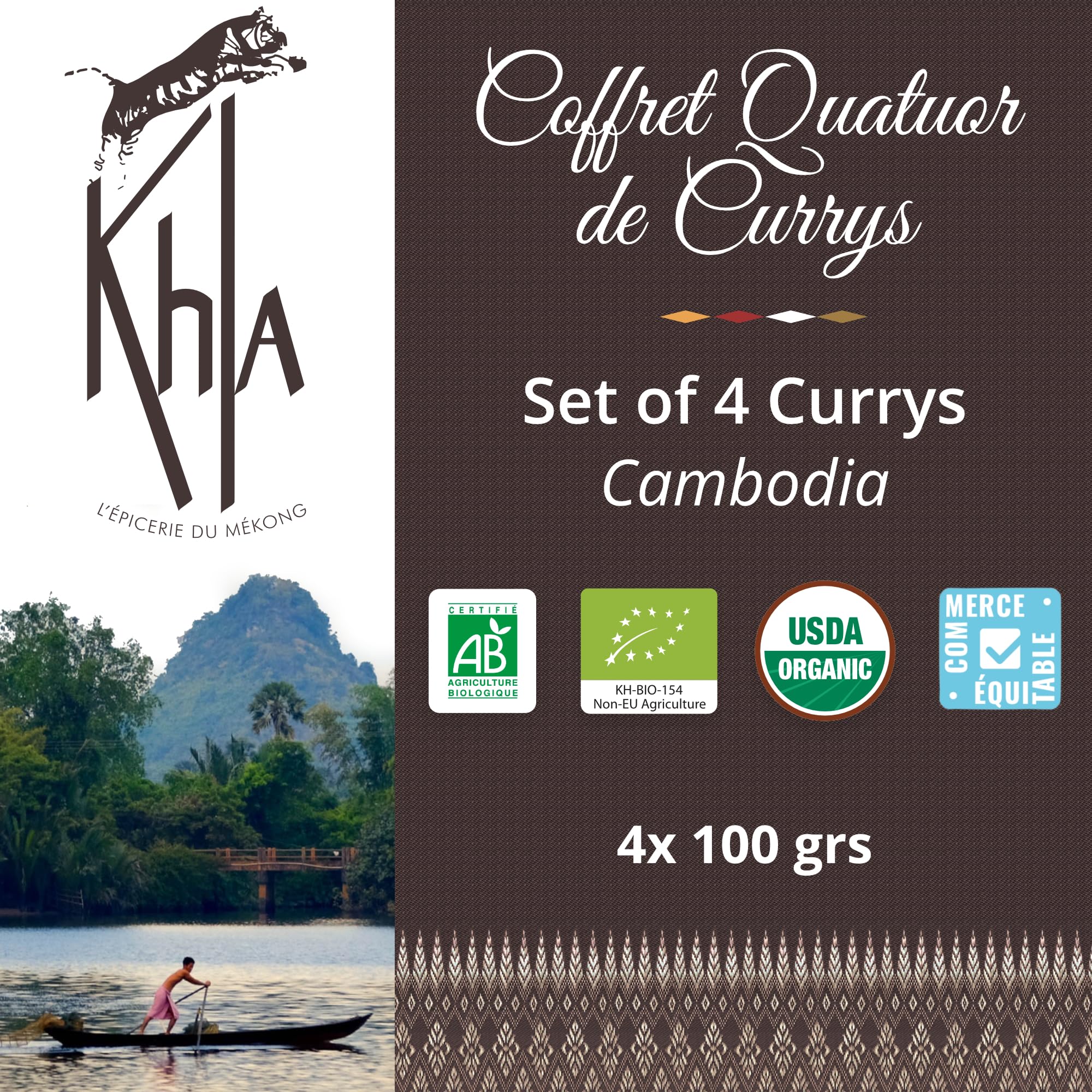 Khla - Coffret 4 Currys Bio - Curry Jaune, Curry Noir, Curry Rouge & Curry Vert Détox - Tubes Poudre 4x 100 g - Coffret Idée Cadeau - Mélanges Exclusifs Cuisine - Épice d’Asie - Origine Cambodge